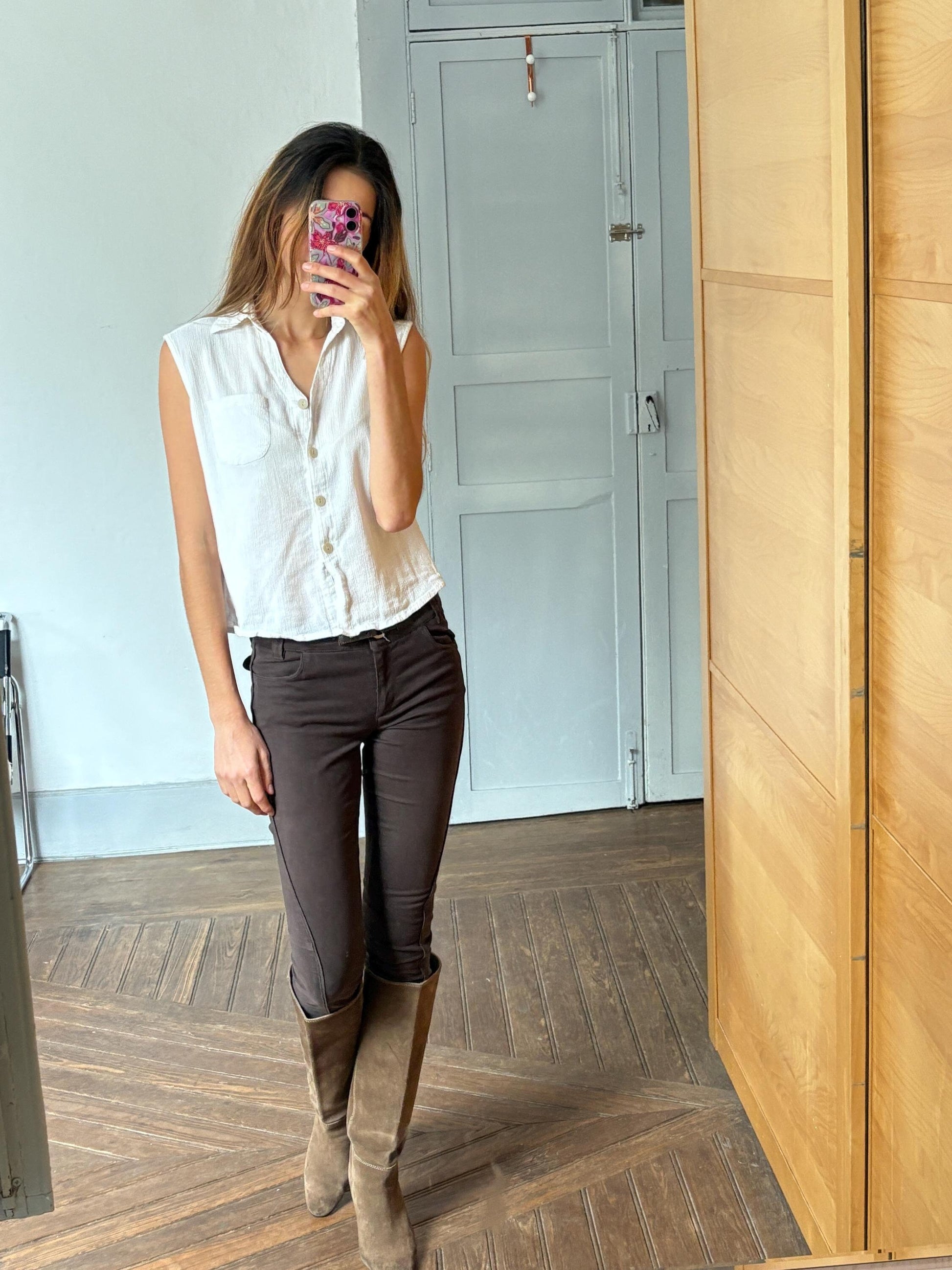 Vintage Henry Cottons luxury trousers, Dark brown low waist cropped capri pants, S