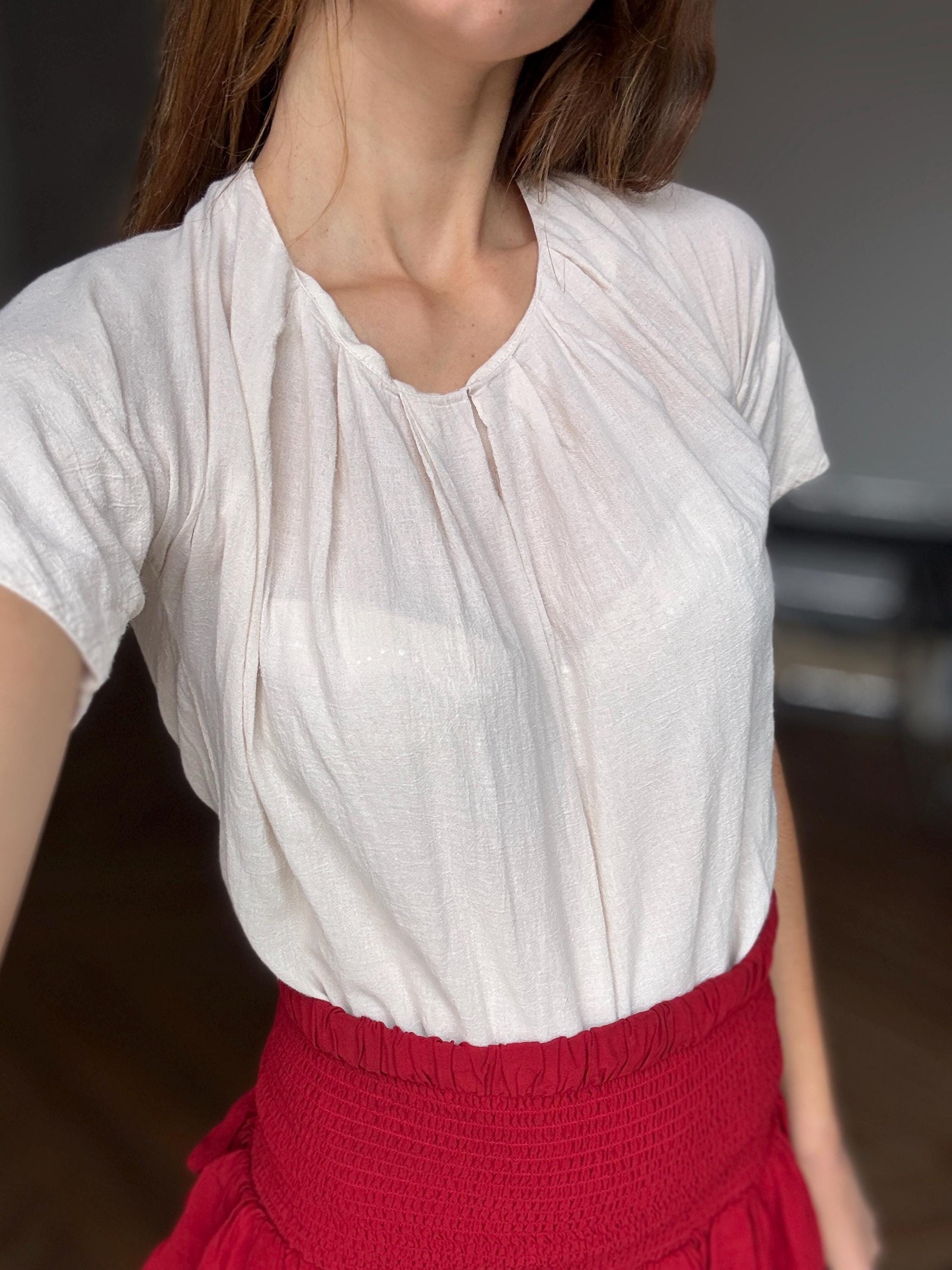 Vintage earthy light beige COS cotton shirt, Luxury minimalist elegant off white oatmeal t - shirt, XS