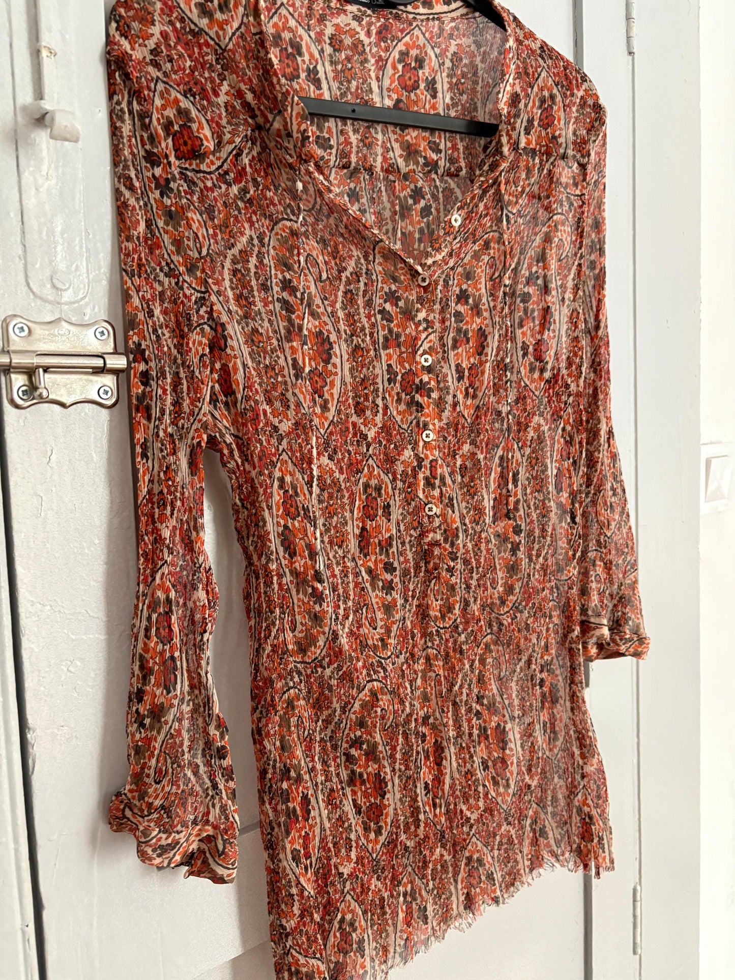 Foral sheer warm orange woman blouse, Sexy see through formal paisley print button up shirt by Massimo Dutti, Elegant camisole,