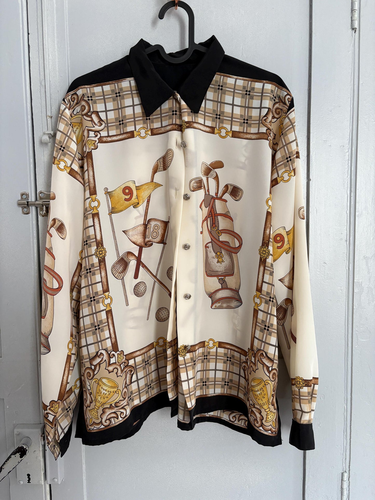 Vintage retro button up shirt, Plaid Floral blouse, Black, beige and gold colourful patterned top, Cute long sleeve summer shirt,