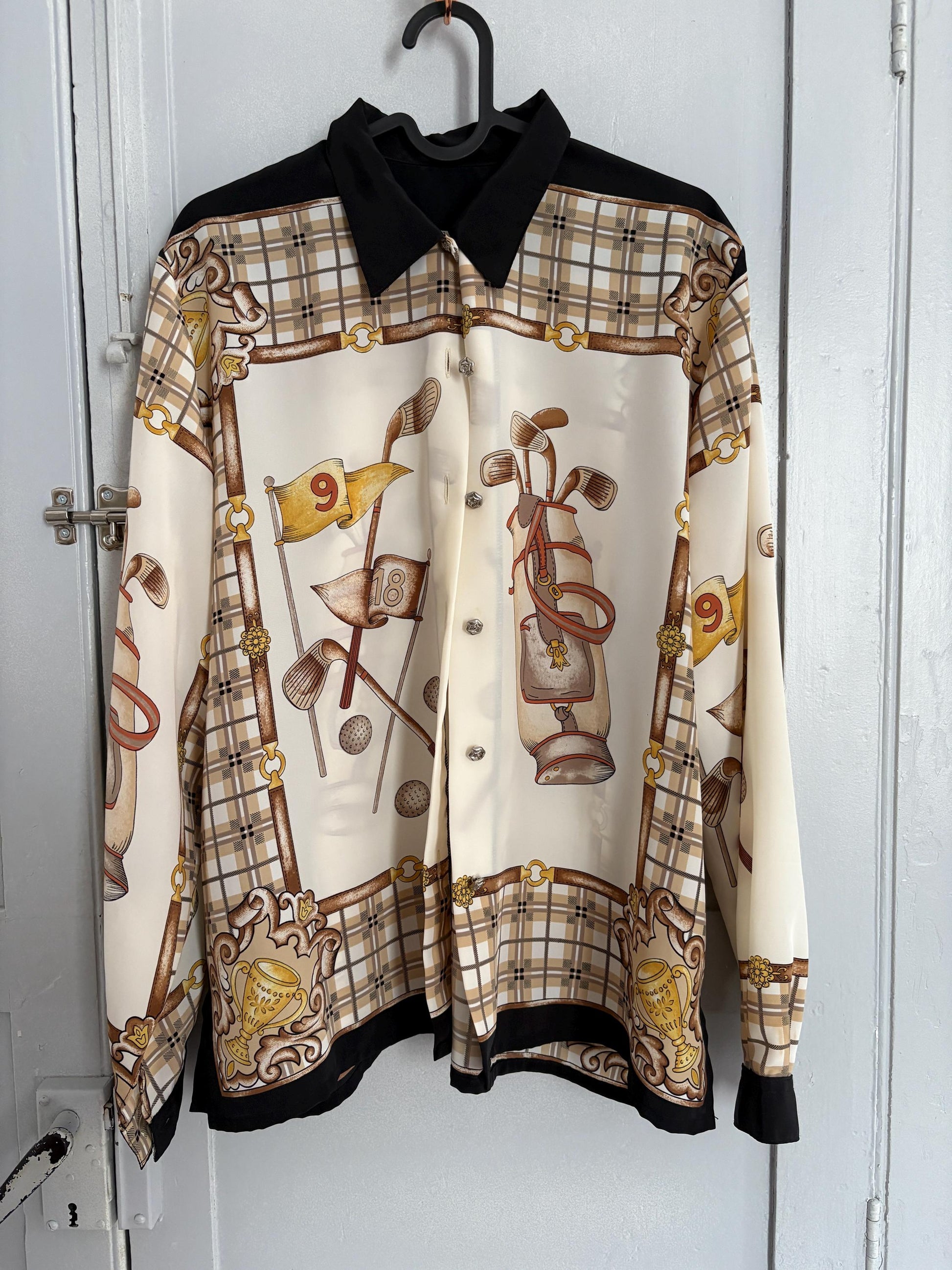 Vintage retro button up shirt, Plaid Floral blouse, Black, beige and gold colourful patterned top, Cute long sleeve summer shirt,