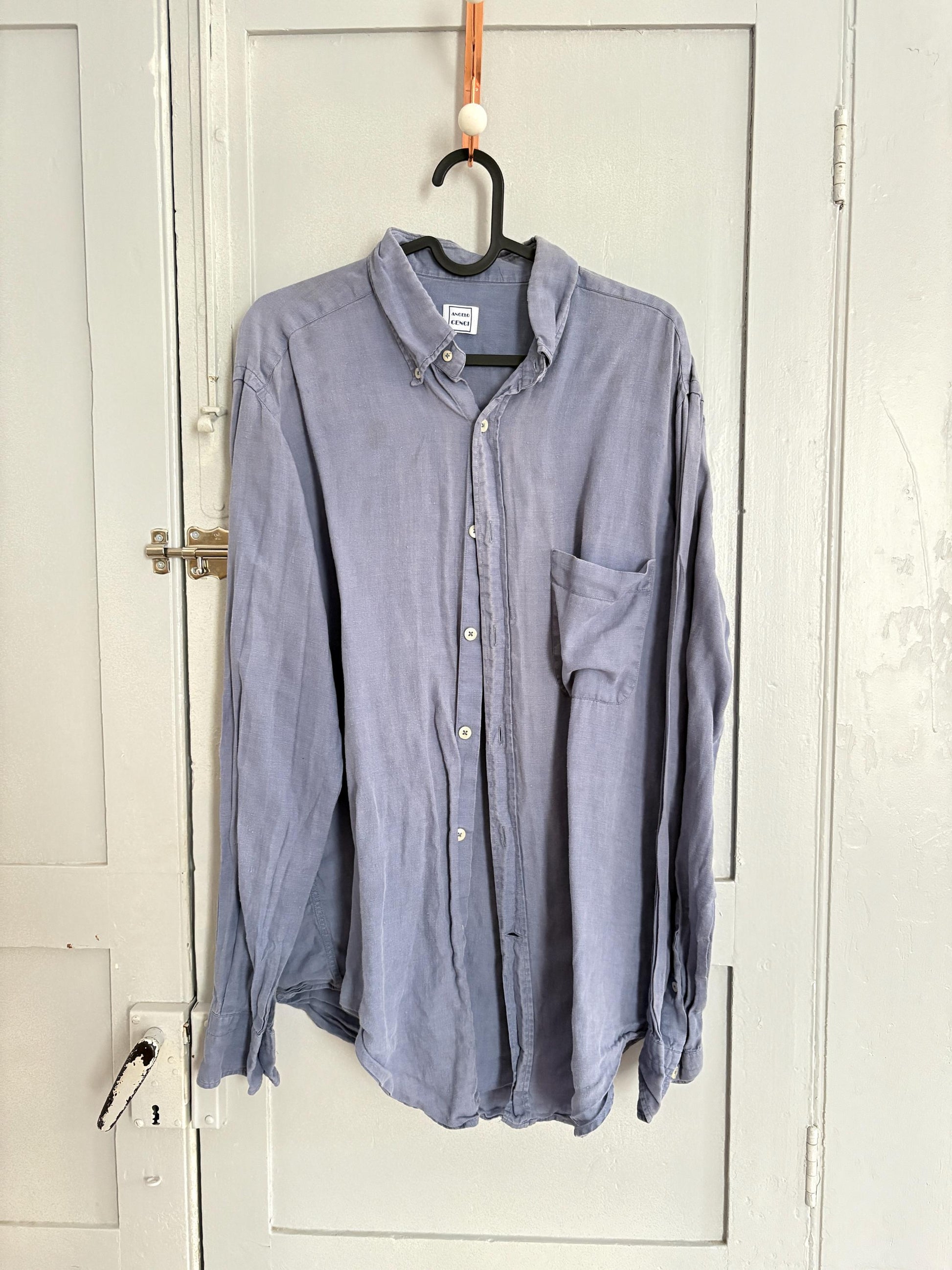 Vintage blue Italian designer Angelo Cenci 100 % linen button down shirt, Men's contemporary long sleeve blouse, Size 41