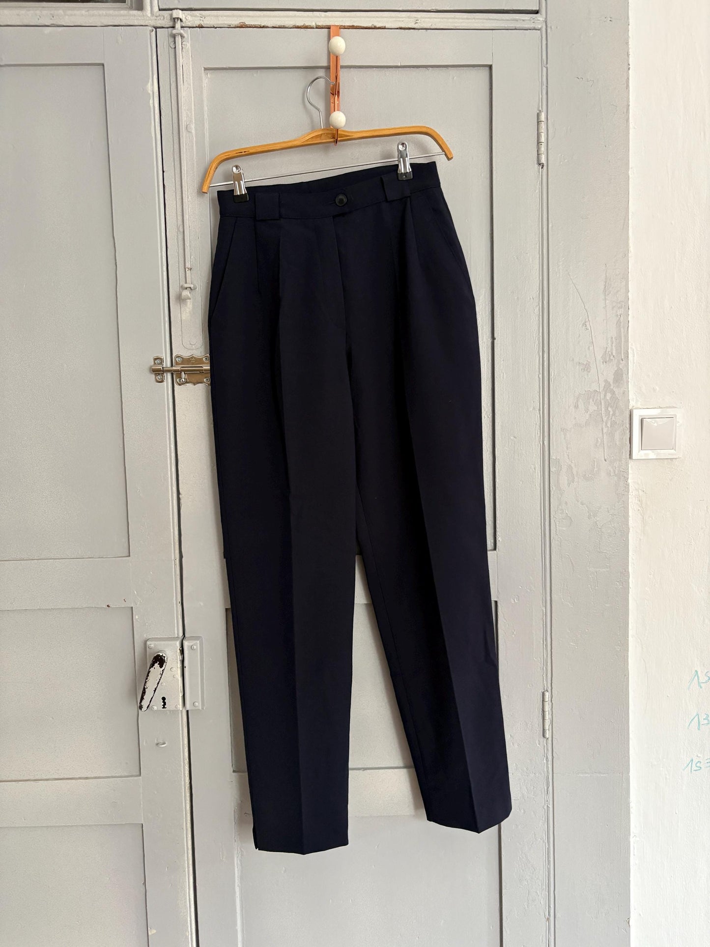 Vintage Rosner luxury trousers, Dark blue high waist designer pants, Wool blend formal pants, S