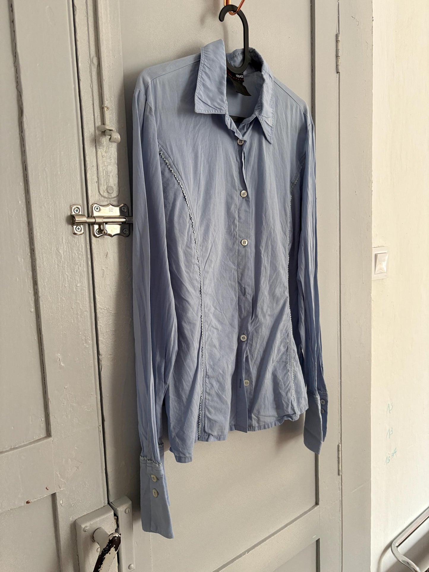 Vintage Versace Sport button down shirt, Light blue cotton long sleeve blouse, Made in Italy shirt, S