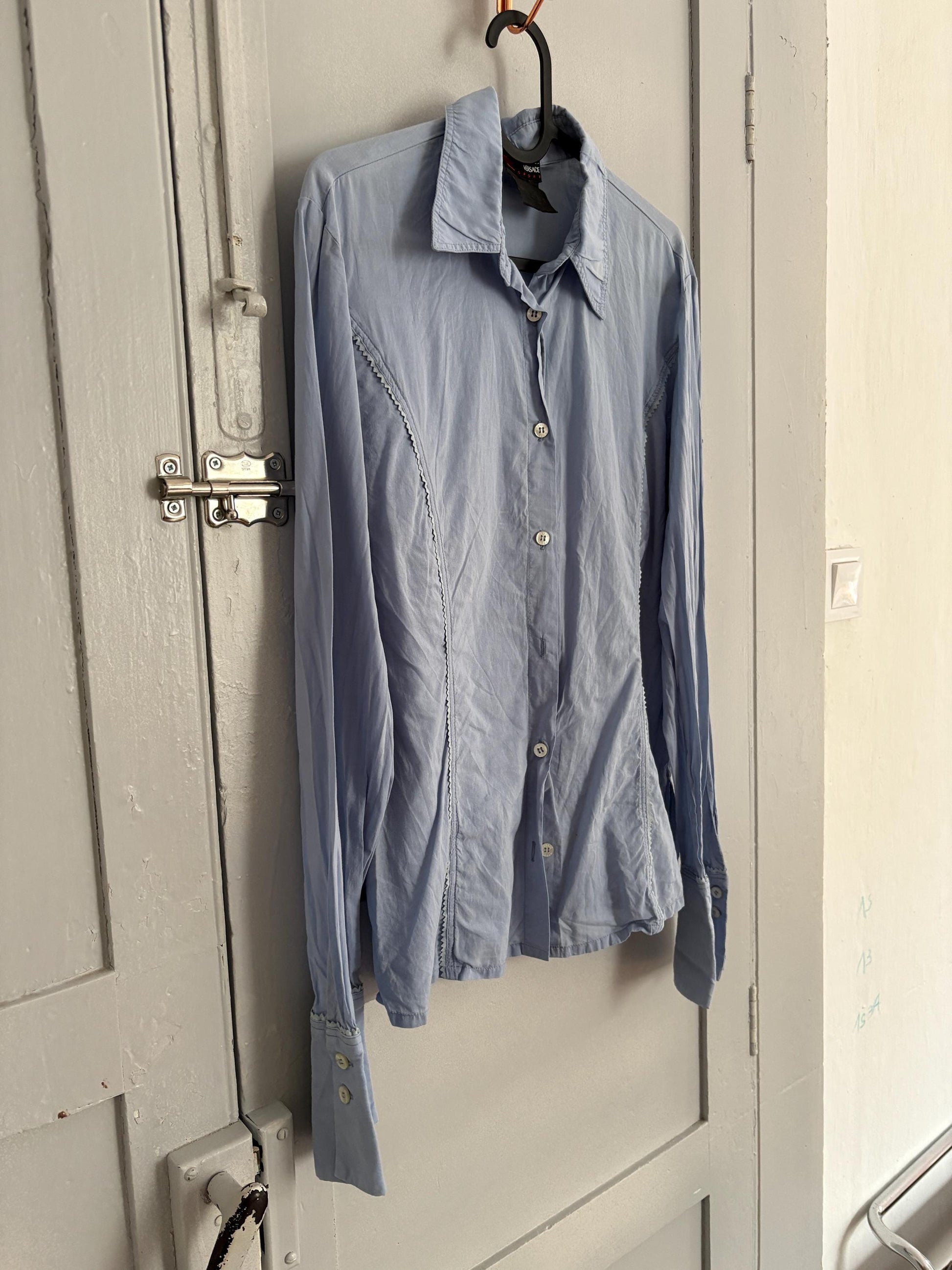 Vintage Versace Sport button down shirt, Light blue cotton long sleeve blouse, Made in Italy shirt, S
