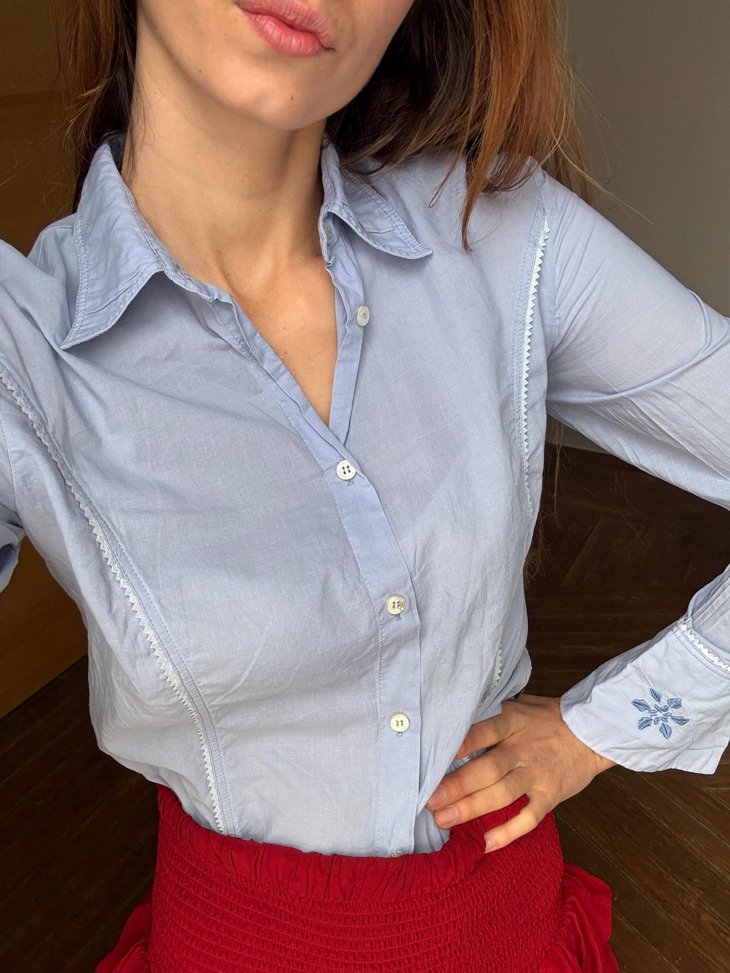 Vintage Versace Sport button down shirt, Light blue cotton long sleeve blouse, Made in Italy shirt, S