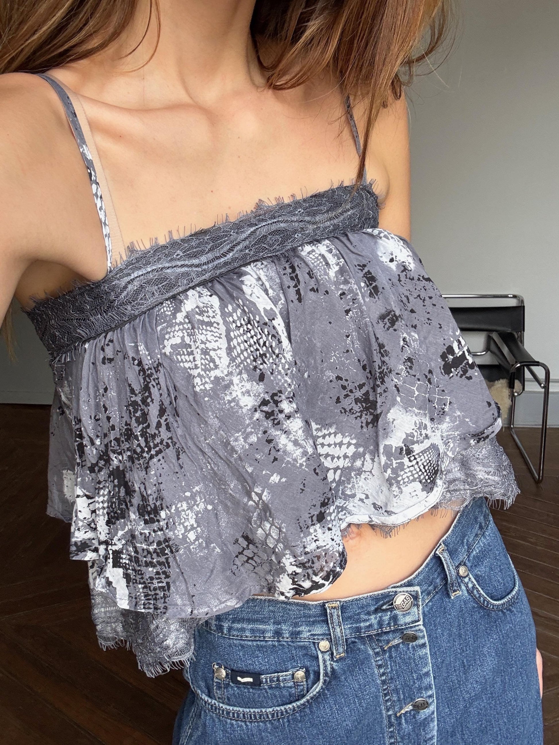 Silk and cotton crop peplum top, Playful grey spaghetti brand camisole, Lace Boho Chic summer shirt, S