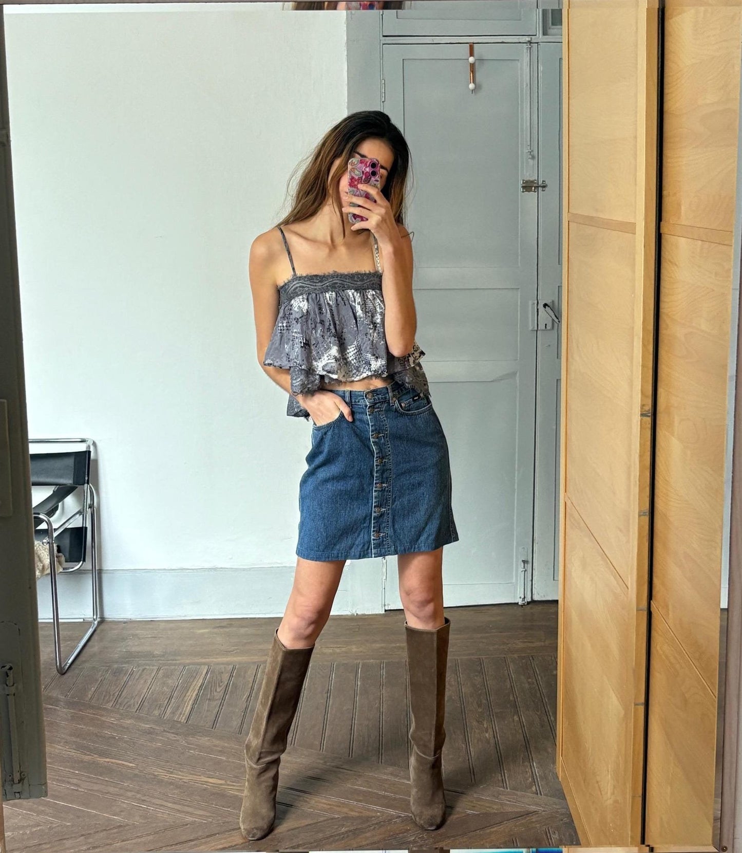 Silk and cotton crop peplum top, Playful grey spaghetti brand camisole, Lace Boho Chic summer shirt, S