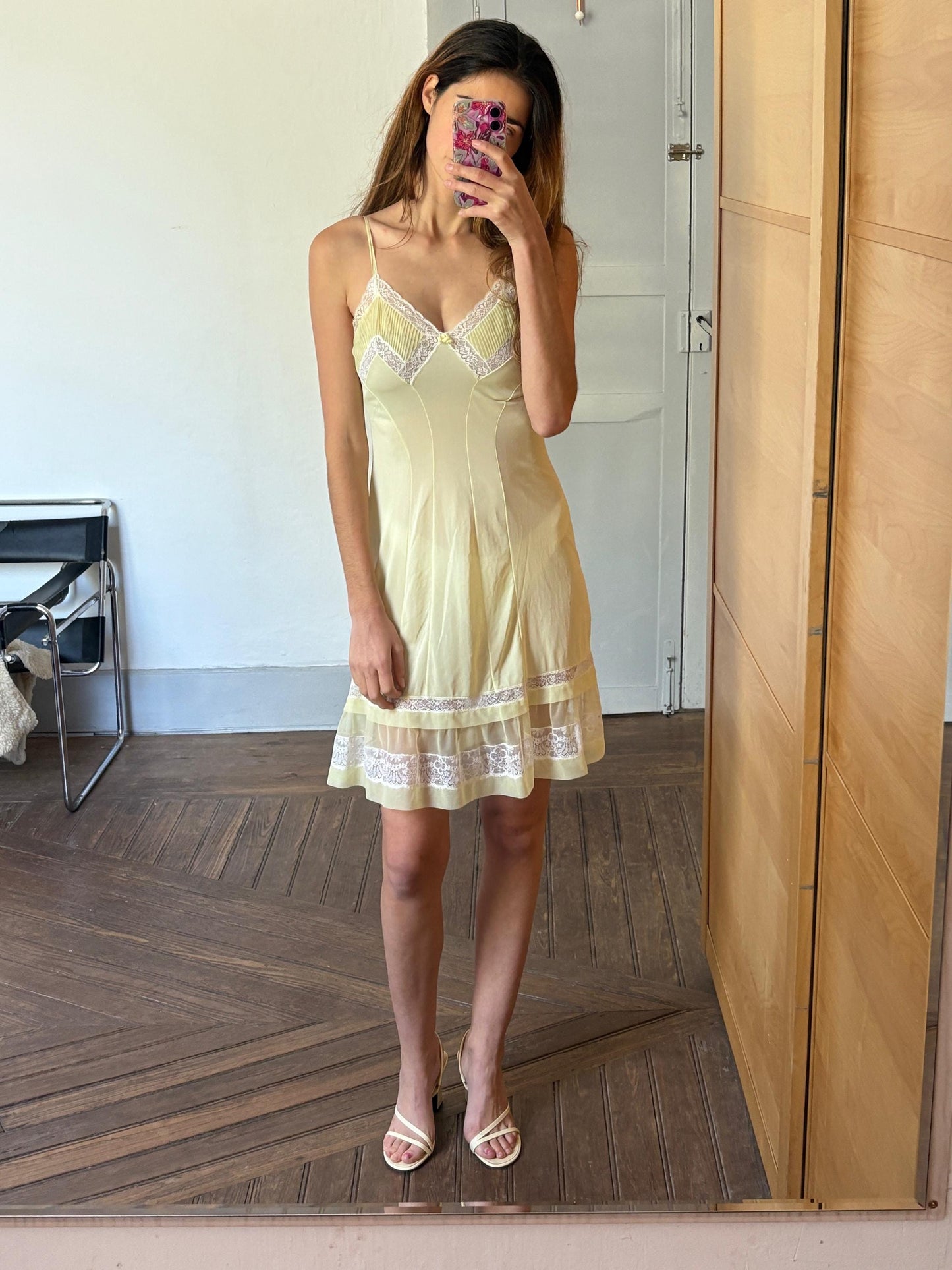 Vintage Sheer Yellow Lingerie Slip Dress – Pastel Dreamy Nightgown with Lace Detail