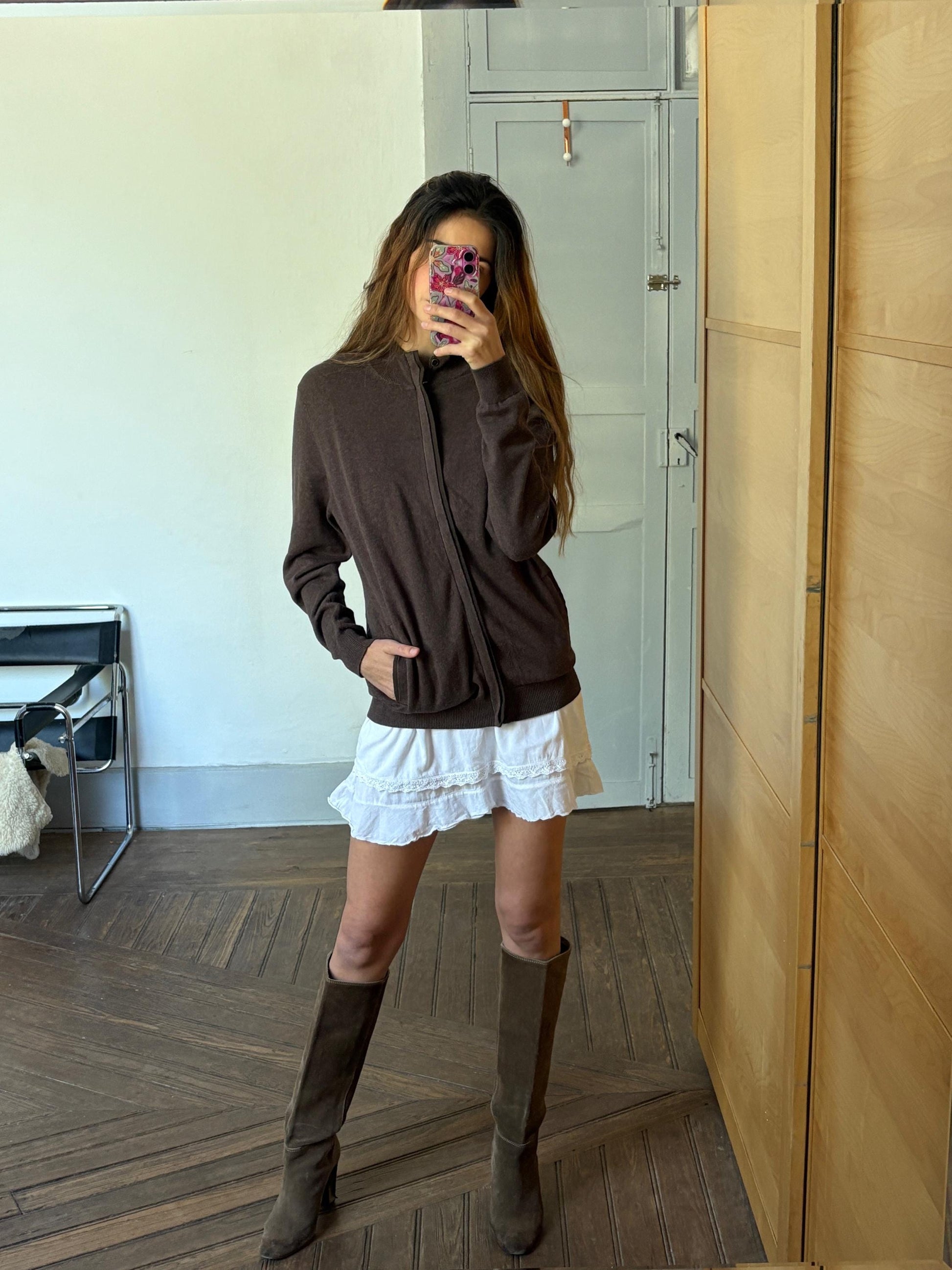 Chocolate brown vintage cotton - cashmere Massimo Dutti Luxe cardigan - Long sleeved vest, Super soft winter knit shirt, Designer Jumper, M