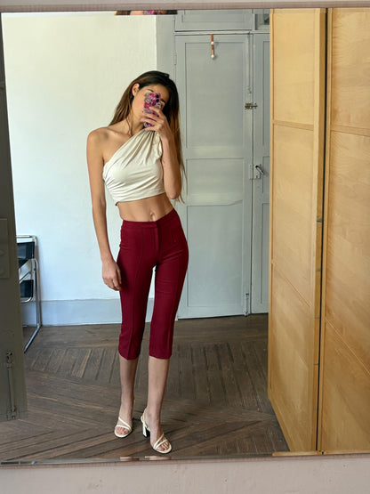 Vintage Red Cropped Designer Trousers — fabric close-up