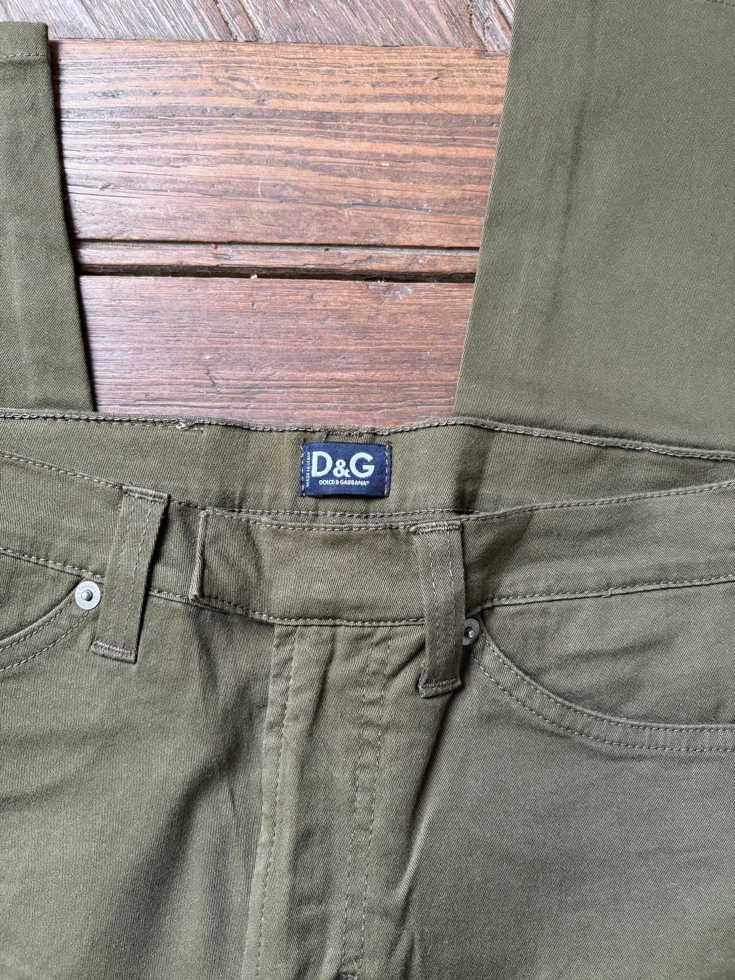 Vintage D & G kaki skinny jeans, Y2K low waist cropped pants, Sexy low rise green trousers by designer brand, 29 43, Made in Italy