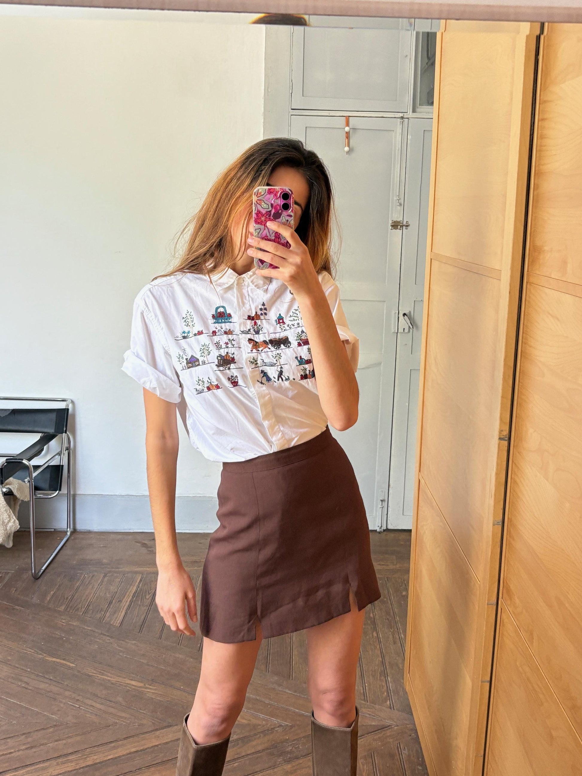 Large Farm embroidered blouse, Cottage core shirt, Oversized cotton top, L