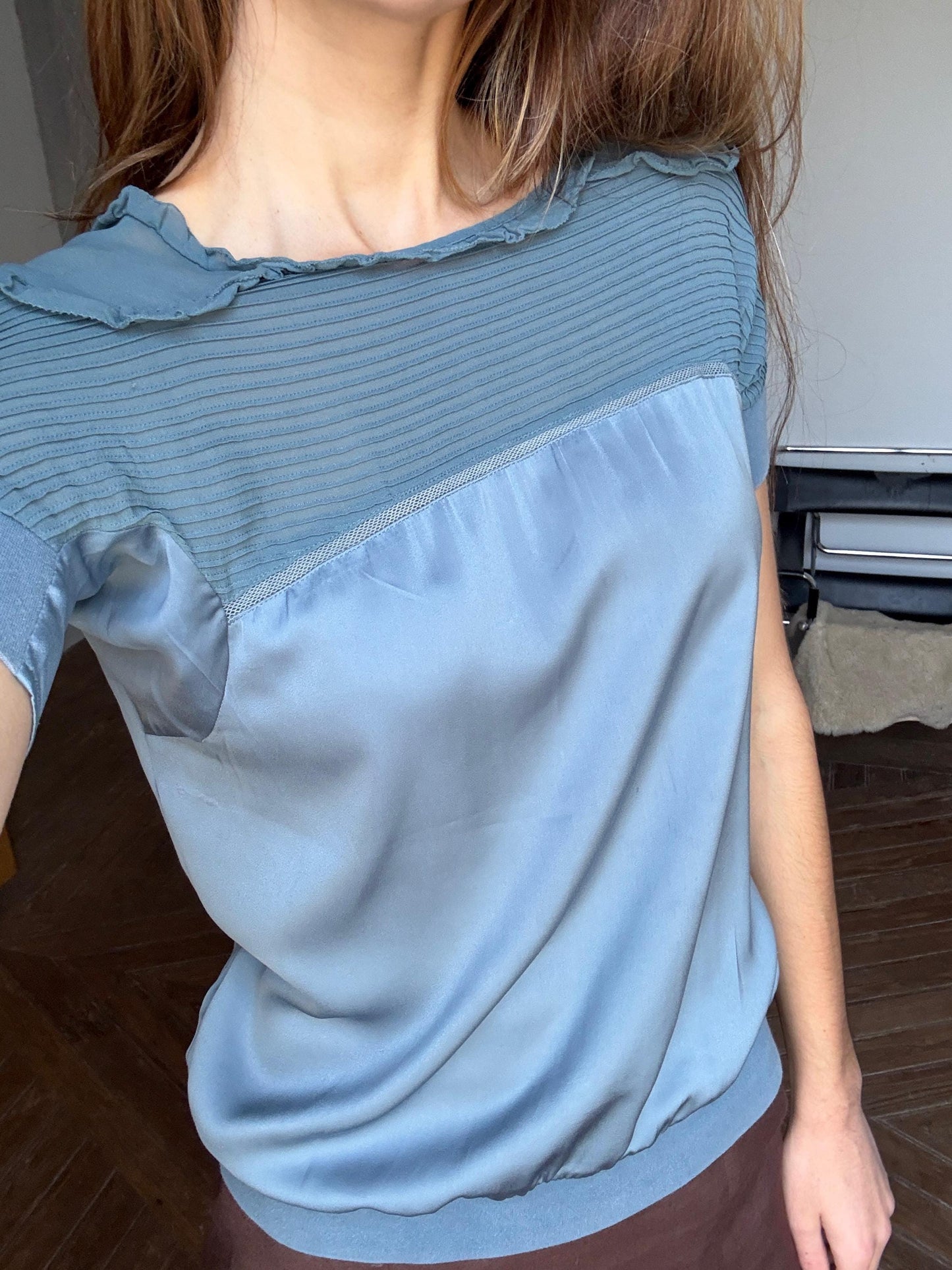 vintage silk Adolfo Dominguez designer shirt, Elegant formal camisole, Blue silk woman top, Secondhand branded clothing