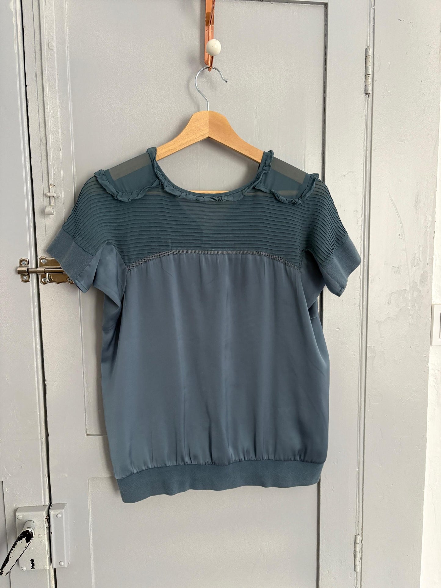 vintage silk Adolfo Dominguez designer shirt, Elegant formal camisole, Blue silk woman top, Secondhand branded clothing