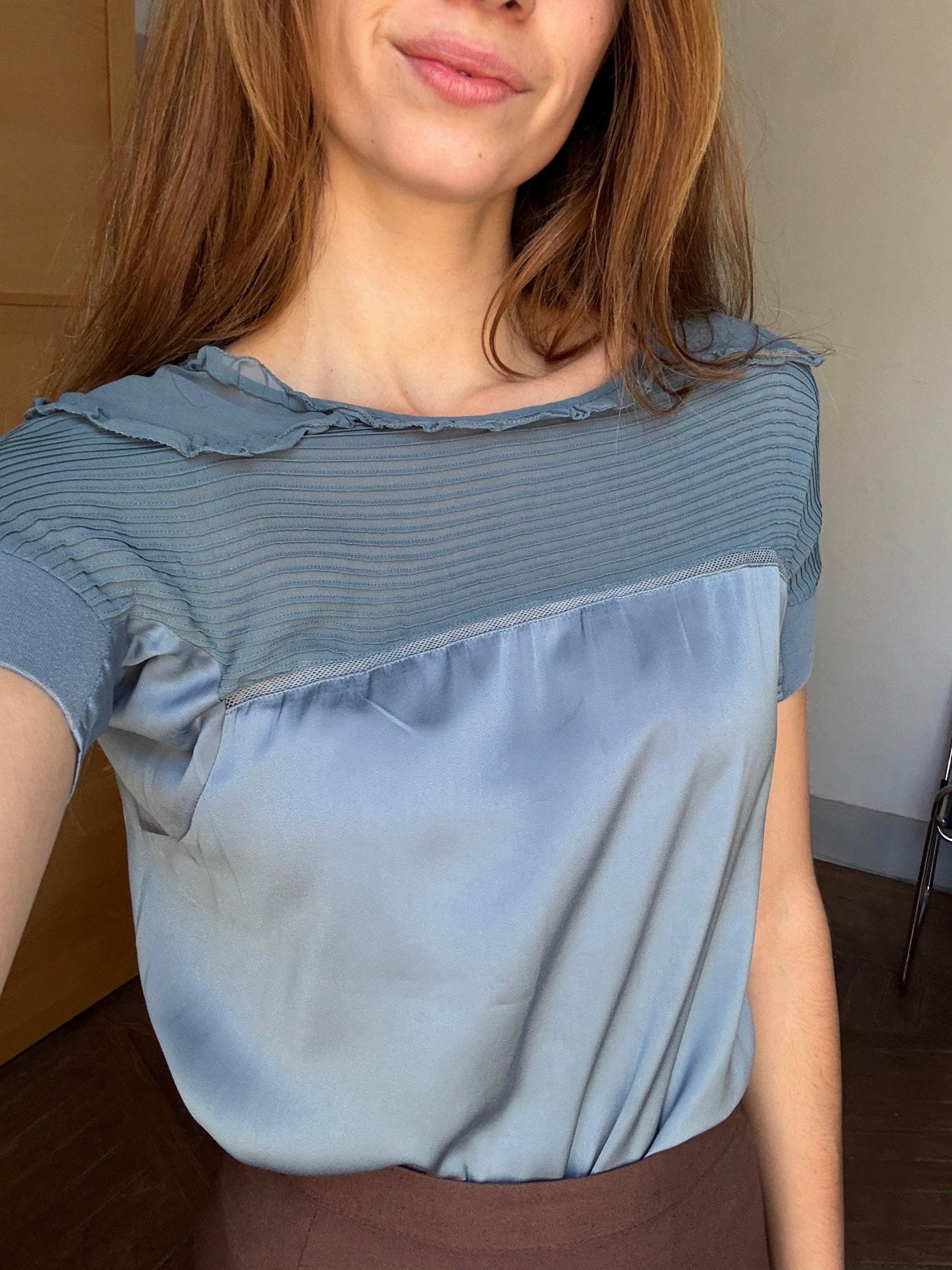 vintage silk Adolfo Dominguez designer shirt, Elegant formal camisole, Blue silk woman top, Secondhand branded clothing