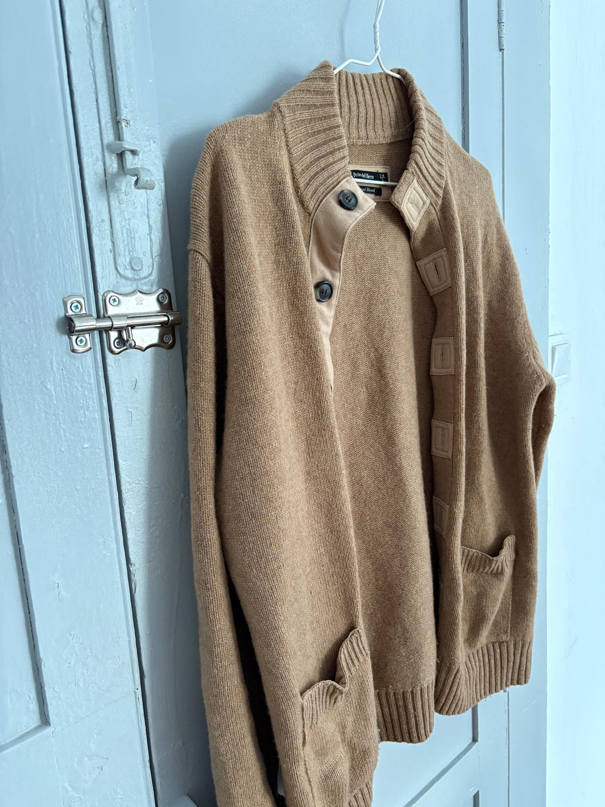 Vintage Tan Wool - CAMEL blend cardigan, Spanish Designer Pedro del Hierro winter sweater, Light brown dark academia clothing, M