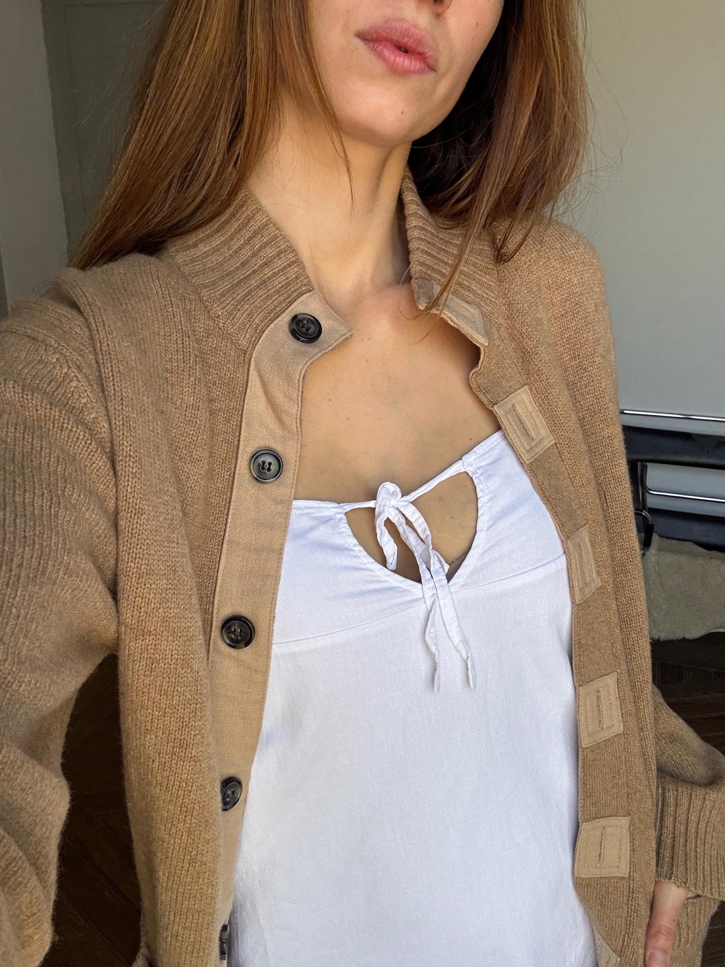 Vintage Tan Wool - CAMEL blend cardigan, Spanish Designer Pedro del Hierro winter sweater, Light brown dark academia clothing, M