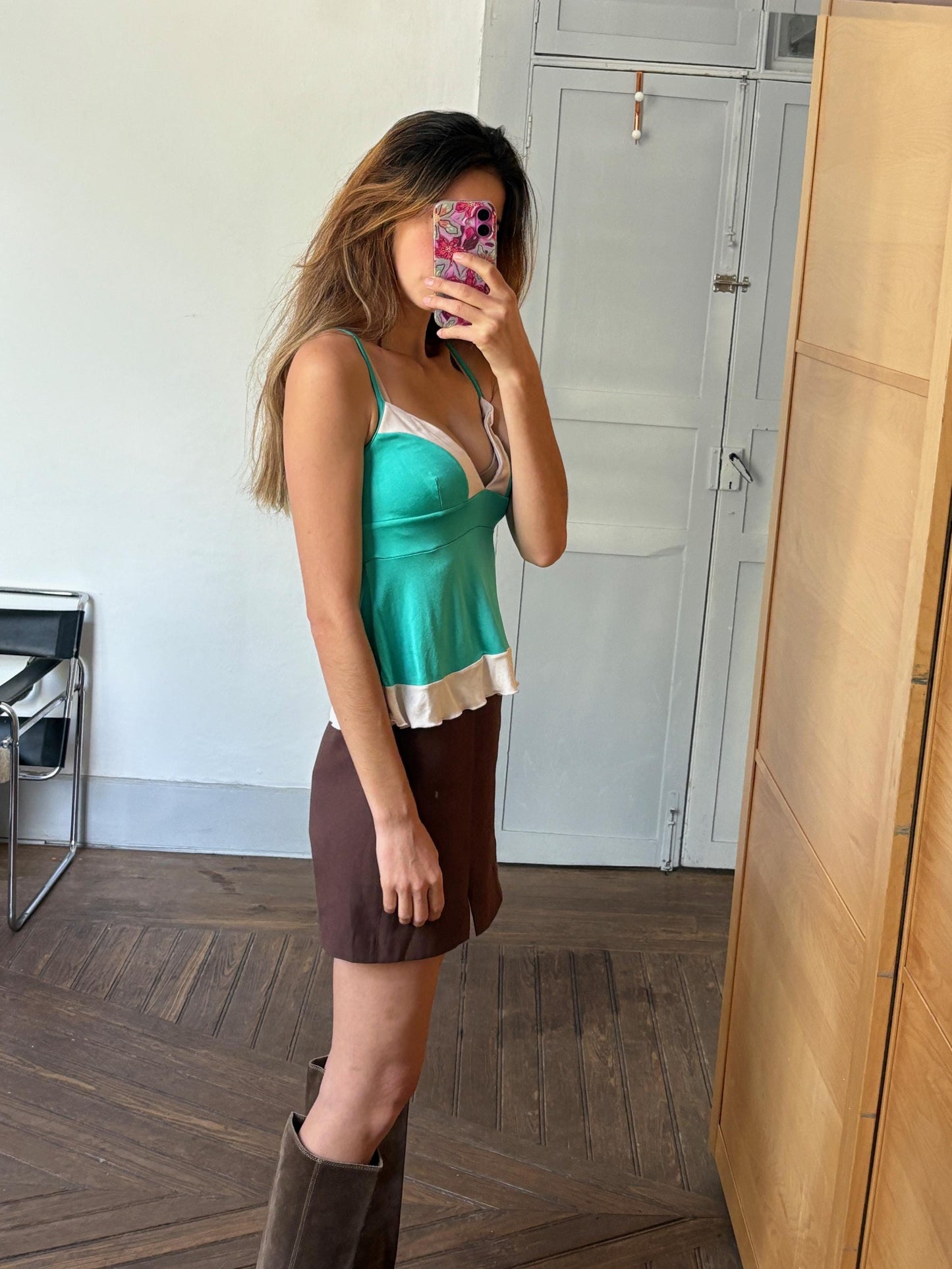 Vintage Moschino Jeans tank top, Colourful green camisole, Sexy open neckline, Secondhand branded designer wear, S