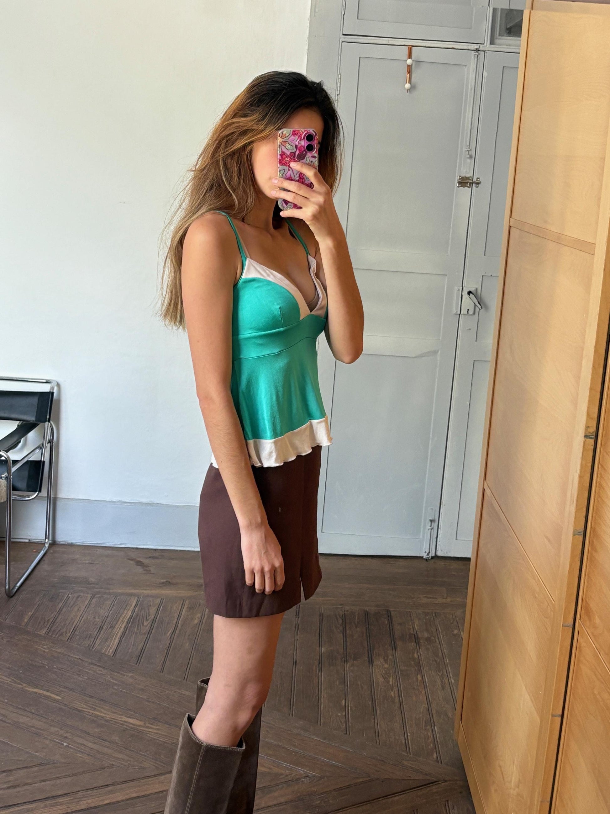 Vintage Moschino Jeans tank top, Colourful green camisole, Sexy open neckline, Secondhand branded designer wear, S