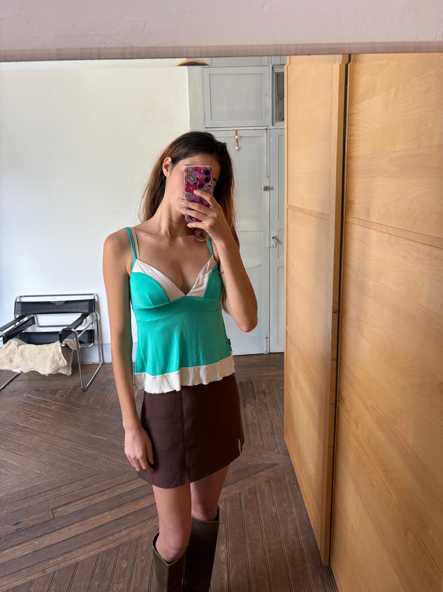 Vintage Moschino Jeans tank top, Colourful green camisole, Sexy open neckline, Secondhand branded designer wear, S