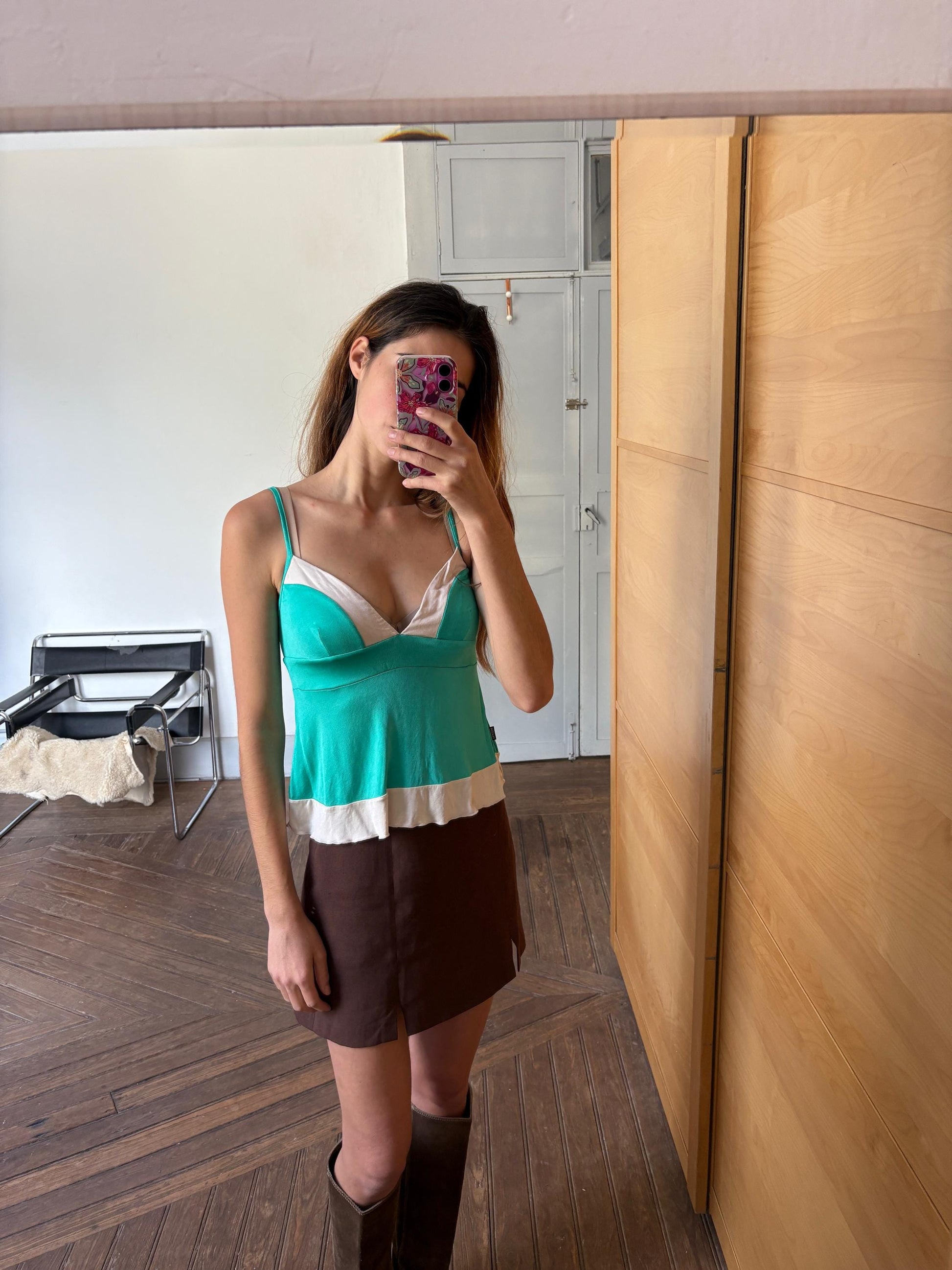 Vintage Moschino Jeans tank top, Colourful green camisole, Sexy open neckline, Secondhand branded designer wear, S