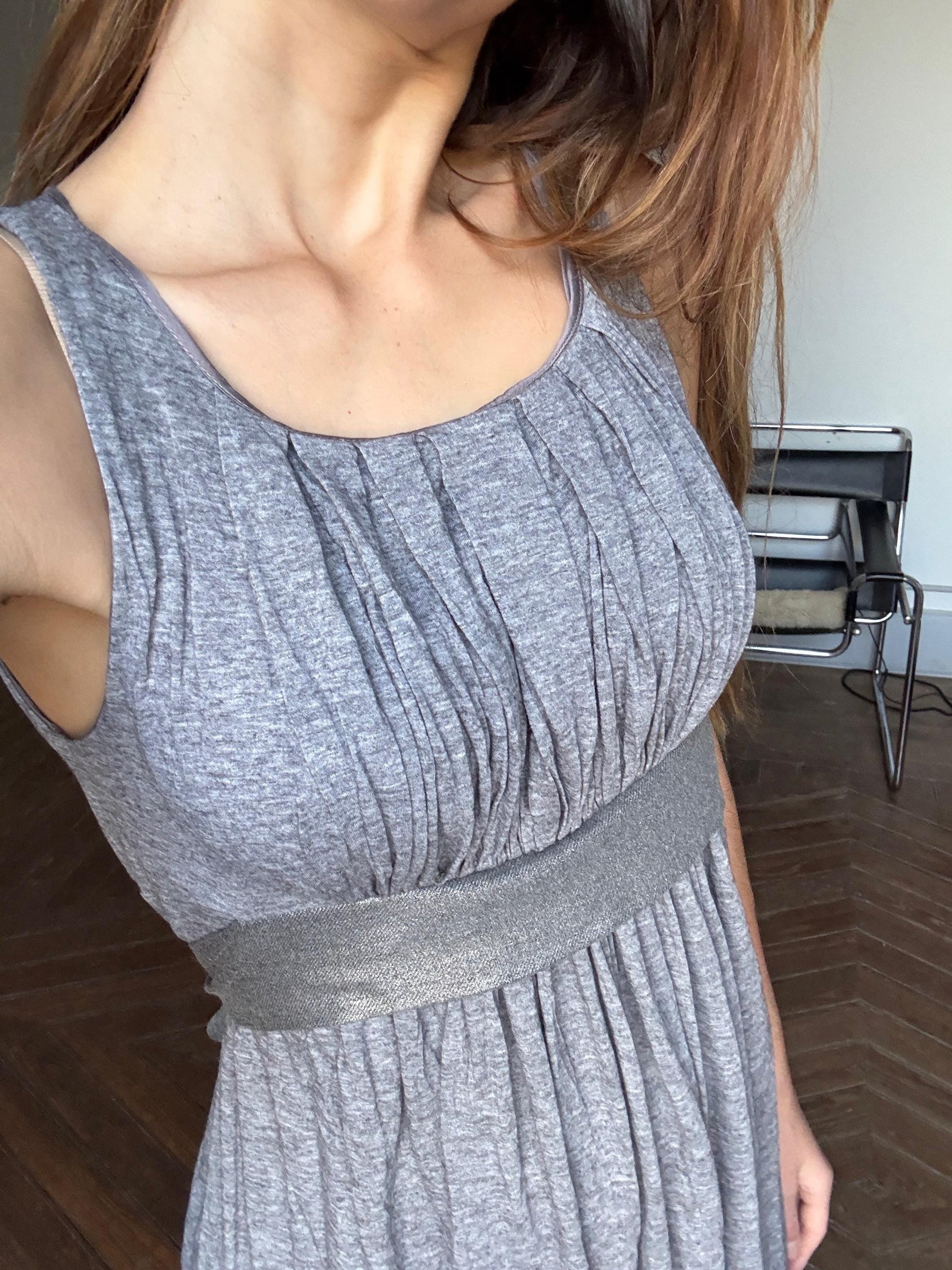 Vintage Maje Paris elegant grey midi dress, Silk and wool blend formal French designer dress, US 4–6