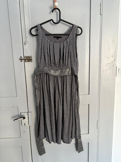Vintage Maje Paris elegant grey midi dress, Silk and wool blend formal French designer dress, US 4–6