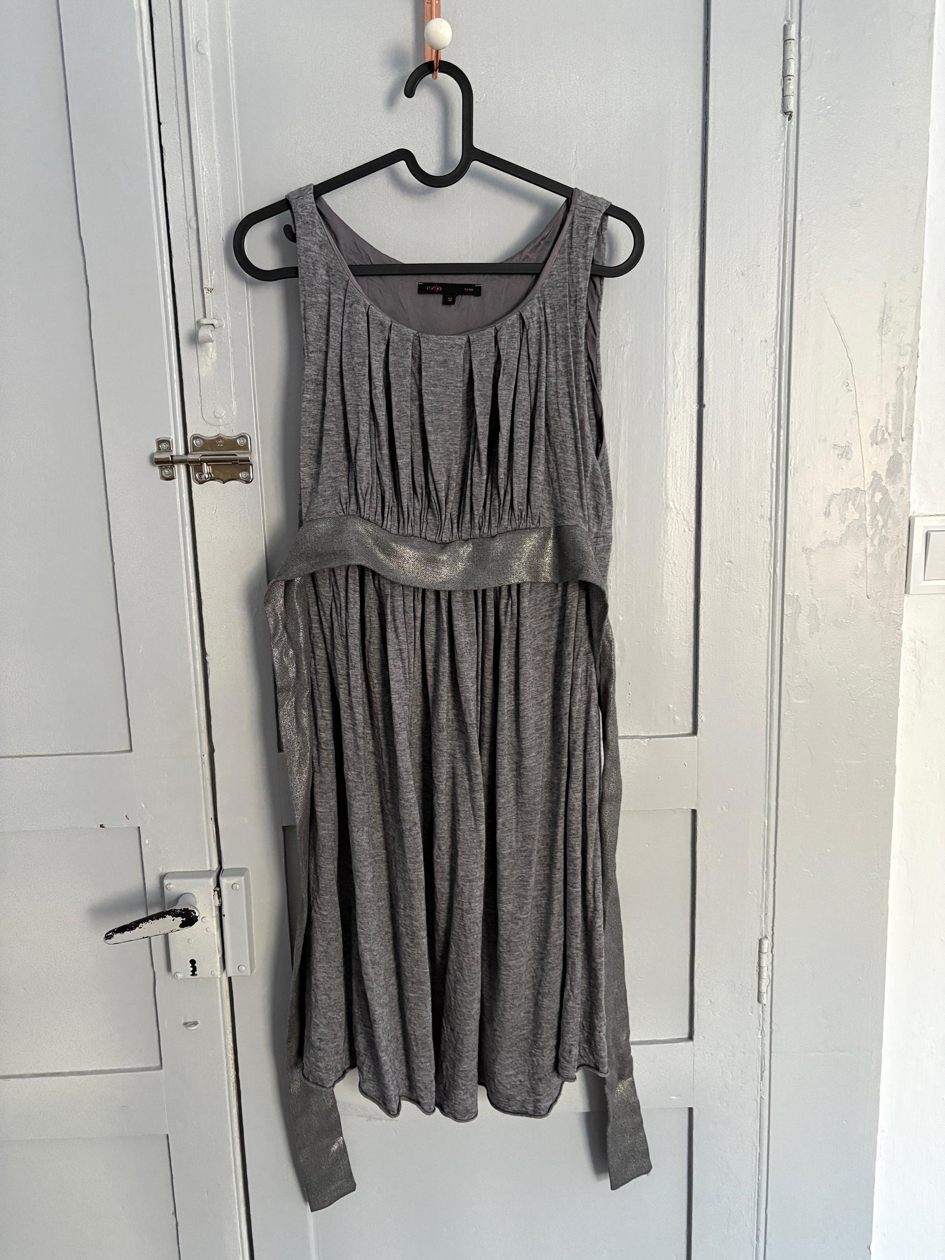 Vintage Maje Paris elegant grey midi dress, Silk and wool blend formal French designer dress, US 4–6