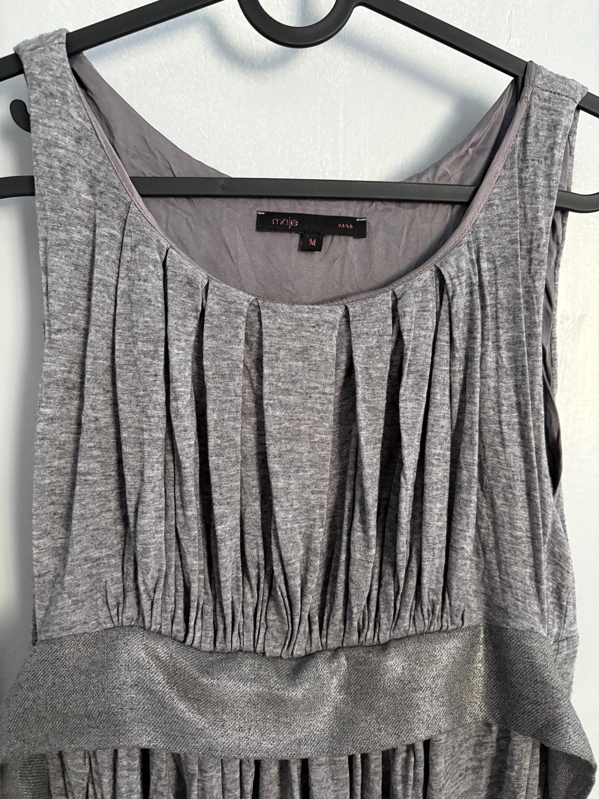 Vintage Maje Paris elegant grey midi dress, Silk and wool blend formal French designer dress, US 4–6