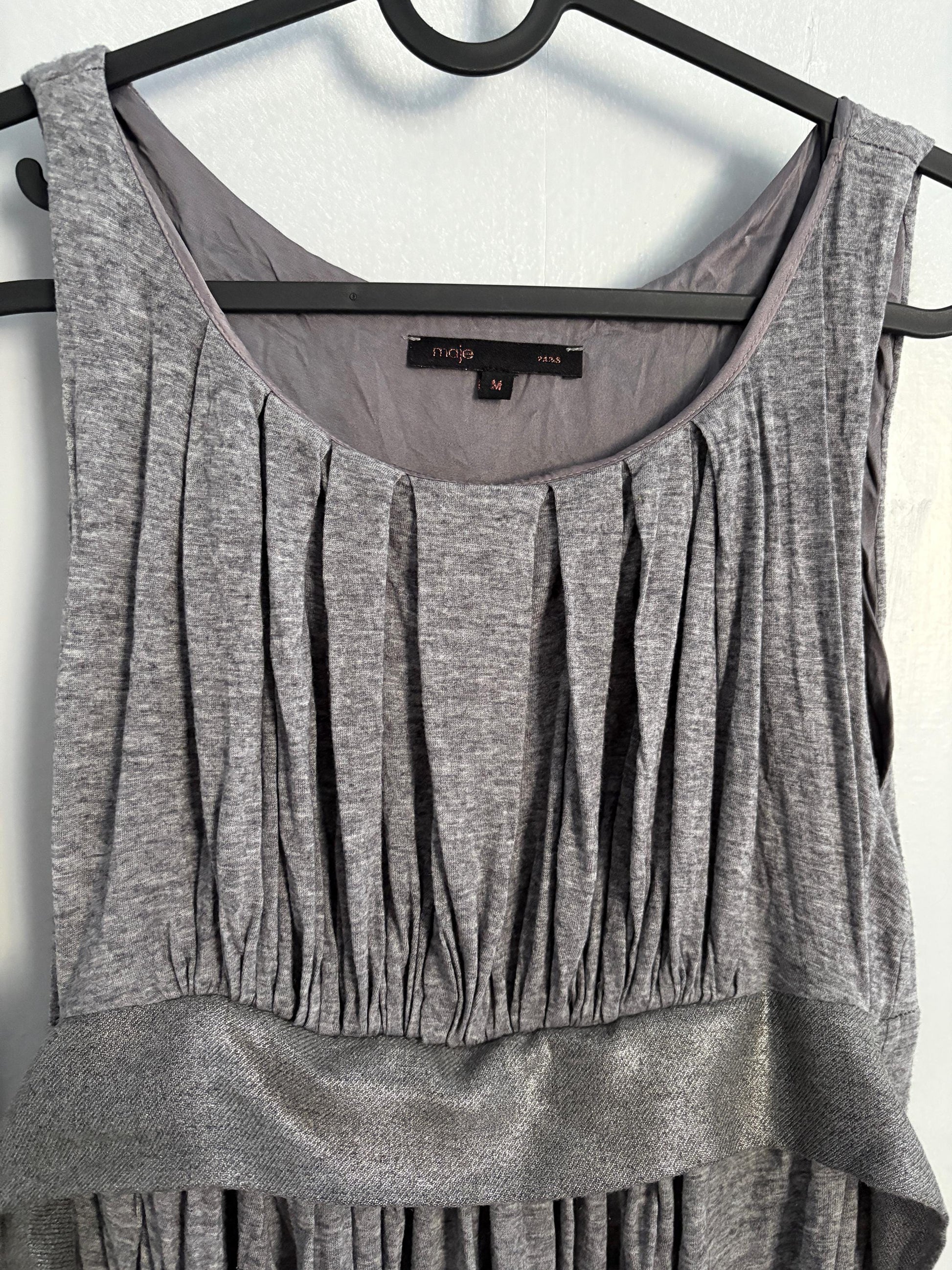 Vintage Maje Paris elegant grey midi dress, Silk and wool blend formal French designer dress, US 4–6