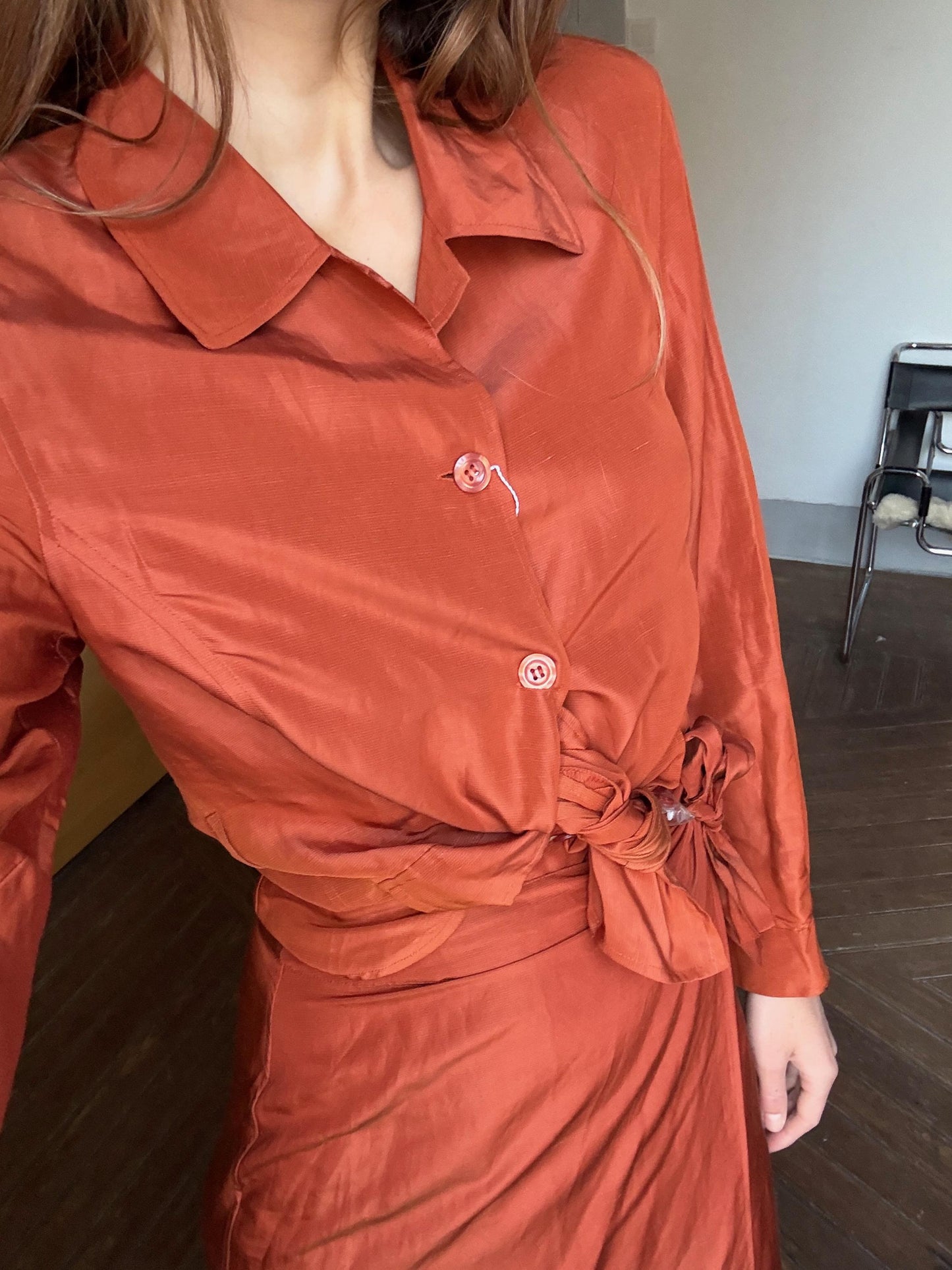 Vintage Penny Black Burnt Orange Silk Linen Two-Piece Set, Wedding Guest Outfit, Designer Skirt & Top, Unworn with Tags, Elegant Women