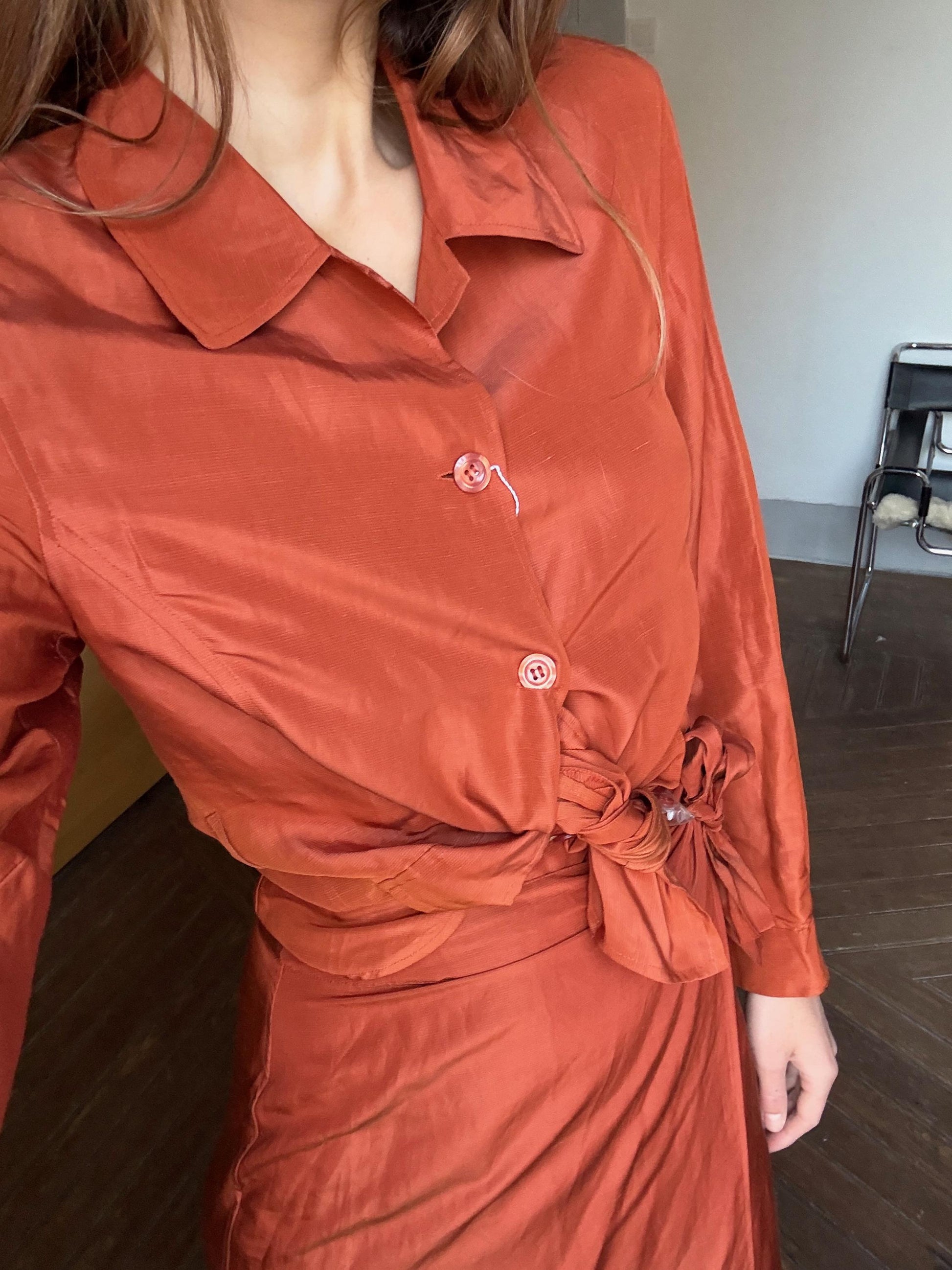 Vintage Penny Black Burnt Orange Silk Linen Two-Piece Set, Wedding Guest Outfit, Designer Skirt & Top, Unworn with Tags, Elegant Women