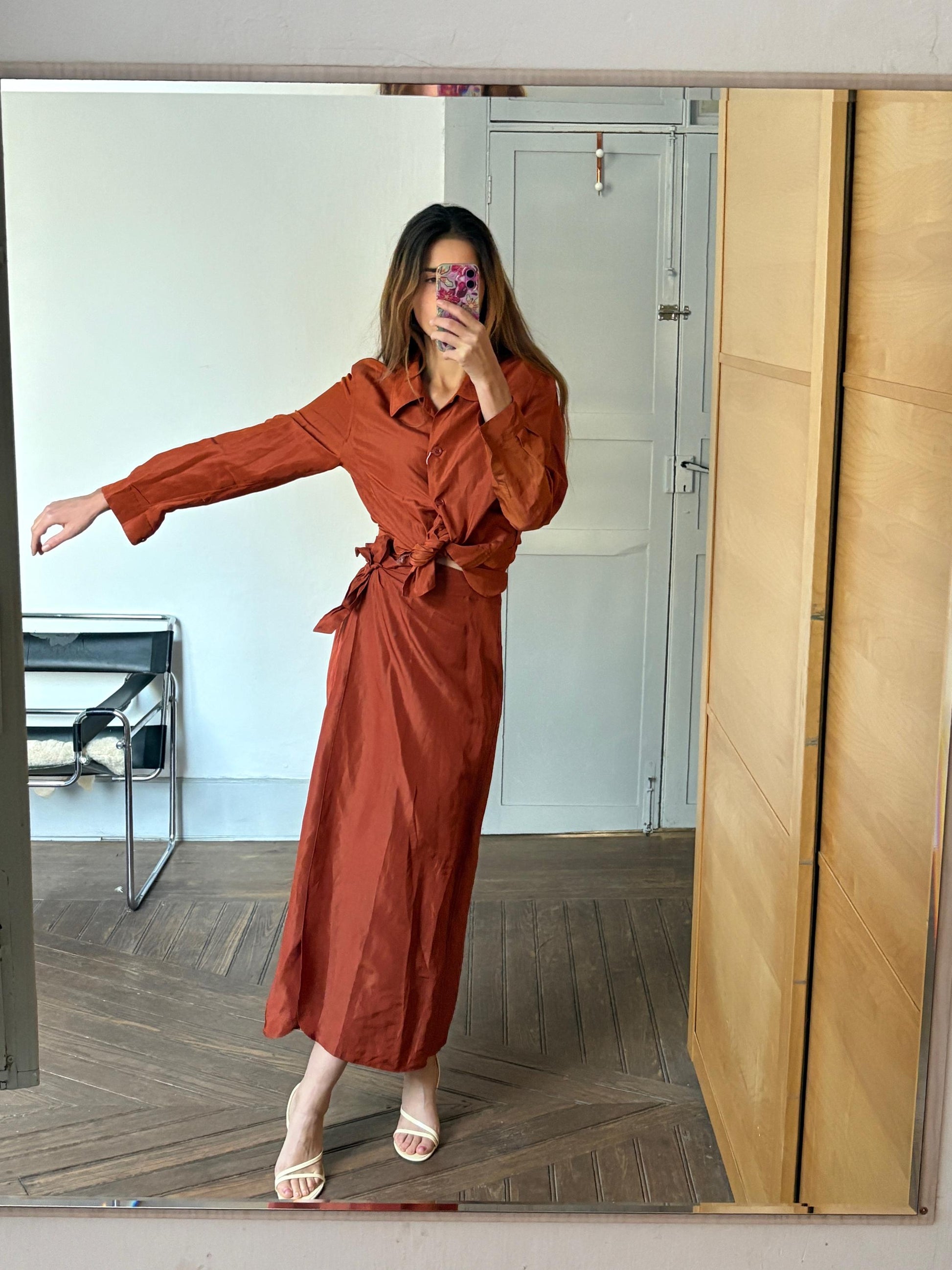 Vintage Penny Black Burnt Orange Silk Linen Two-Piece Set, Wedding Guest Outfit, Designer Skirt & Top, Unworn with Tags, Elegant Women