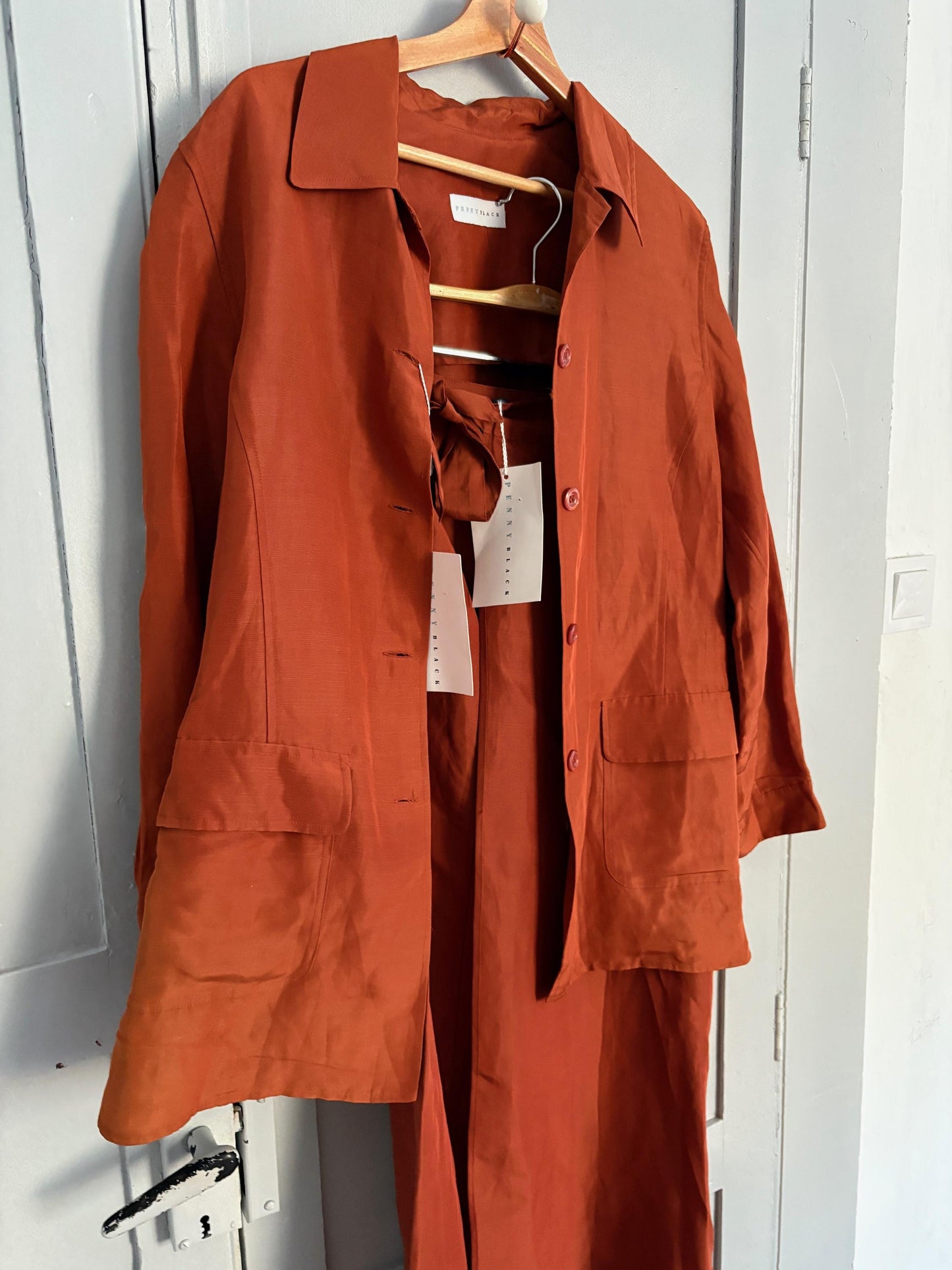 Vintage Penny Black Burnt Orange Silk Linen Two-Piece Set, Wedding Guest Outfit, Designer Skirt & Top, Unworn with Tags, Elegant Women
