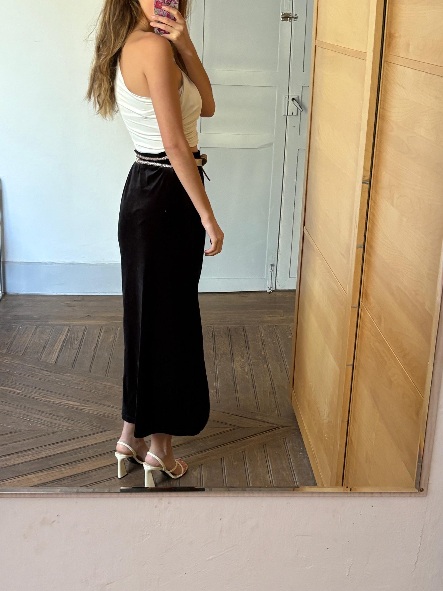 Vintage black velvet maxi skirt with side split, Formal elegant sensual long woman skirt, M