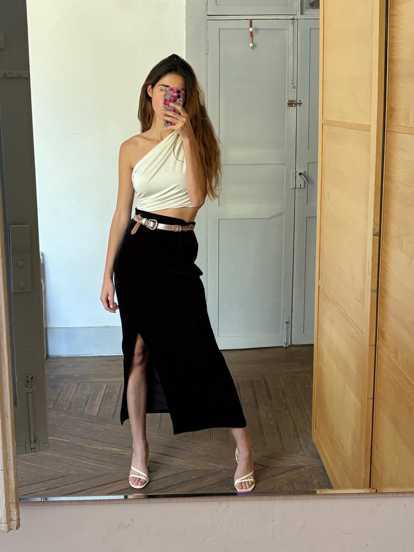 Vintage black velvet maxi skirt with side split, Formal elegant sensual long woman skirt, M