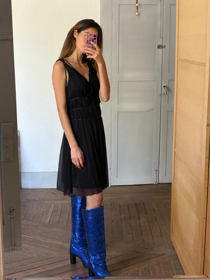 Italian Summer Casual Black V-Neck Dress — back view