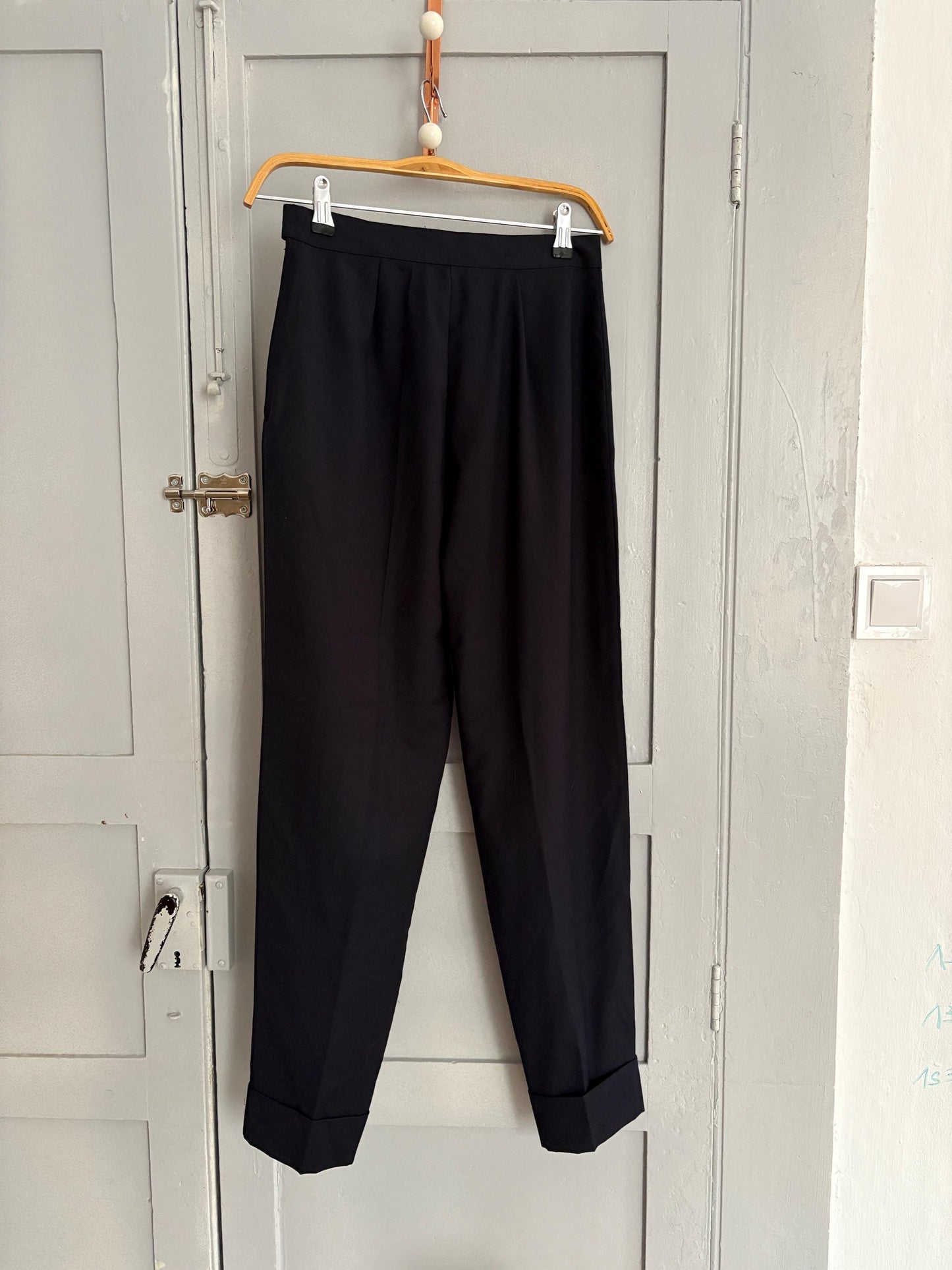 Vintage luxury black high waist cropped leg trousers, Dark academia style trousers, 100 % Pure wool High waist Elegant formal pants, XS
