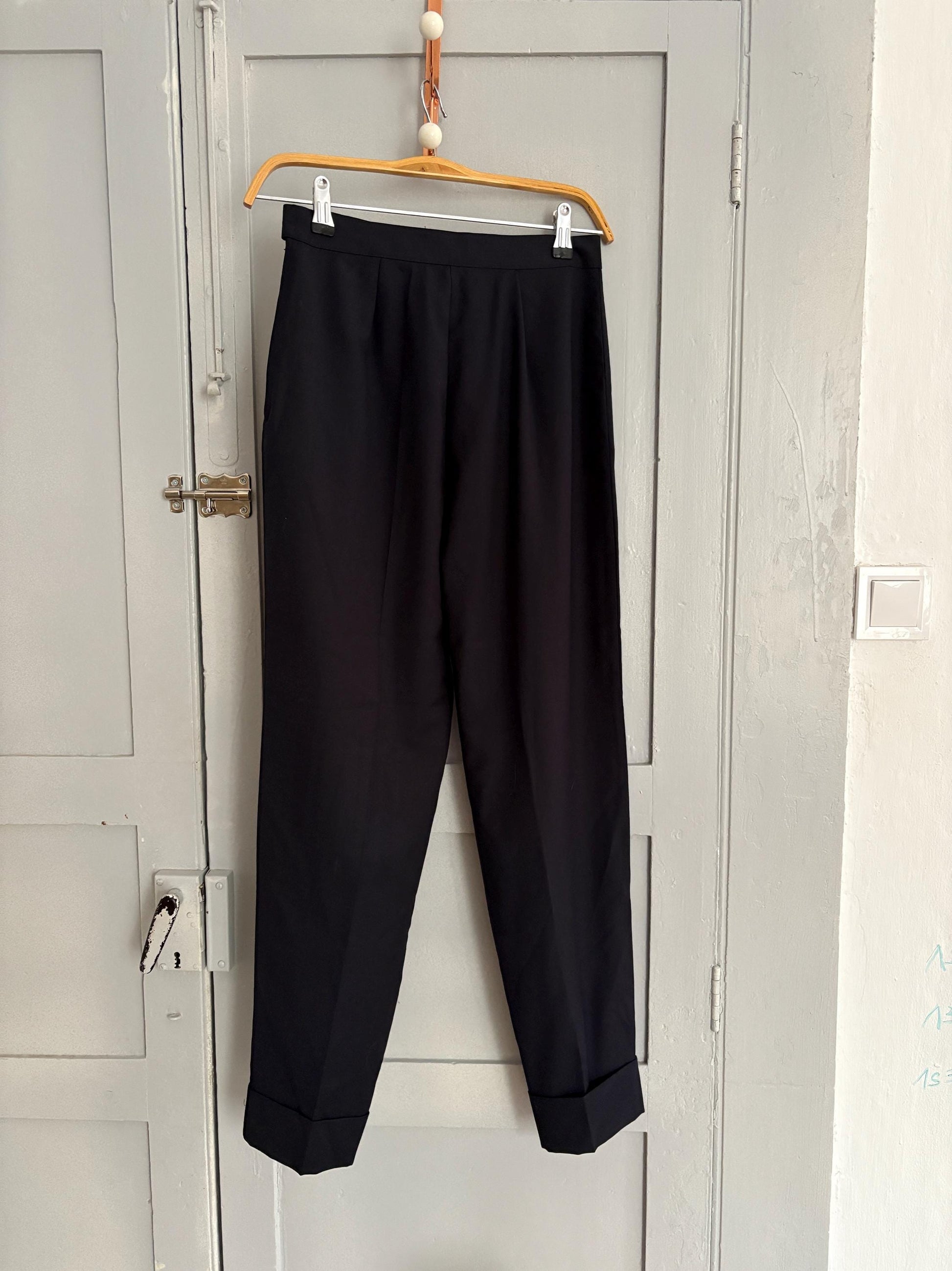 Vintage luxury black high waist cropped leg trousers, Dark academia style trousers, 100 % Pure wool High waist Elegant formal pants, XS