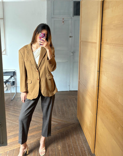 Tan Cashmere Double Breasted Blazer — fabric close-up