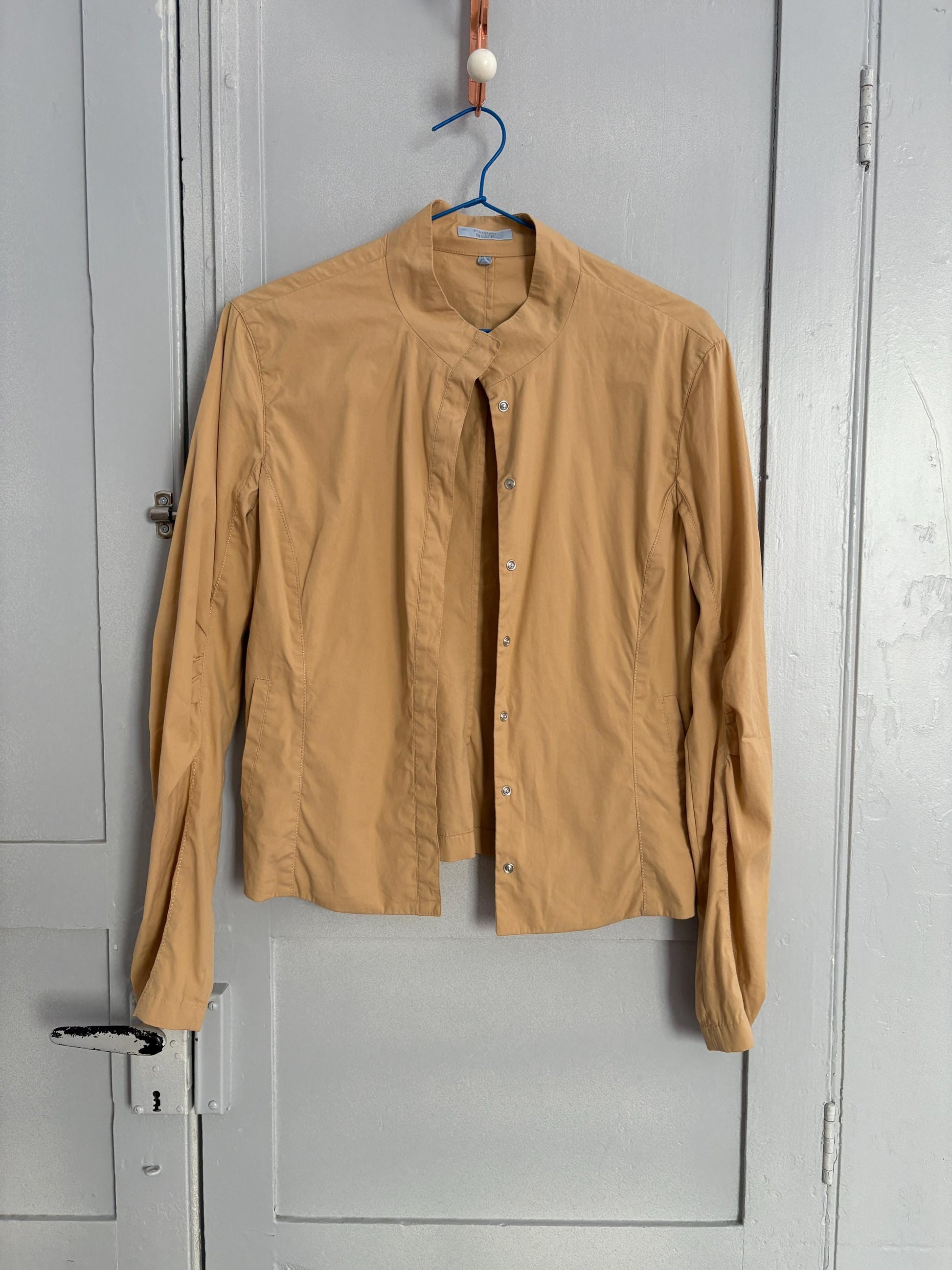 Vintage Strenesse blue beige modern fit woman shirt, minimalist button up shirt, mock neck long sleeve shirt, S