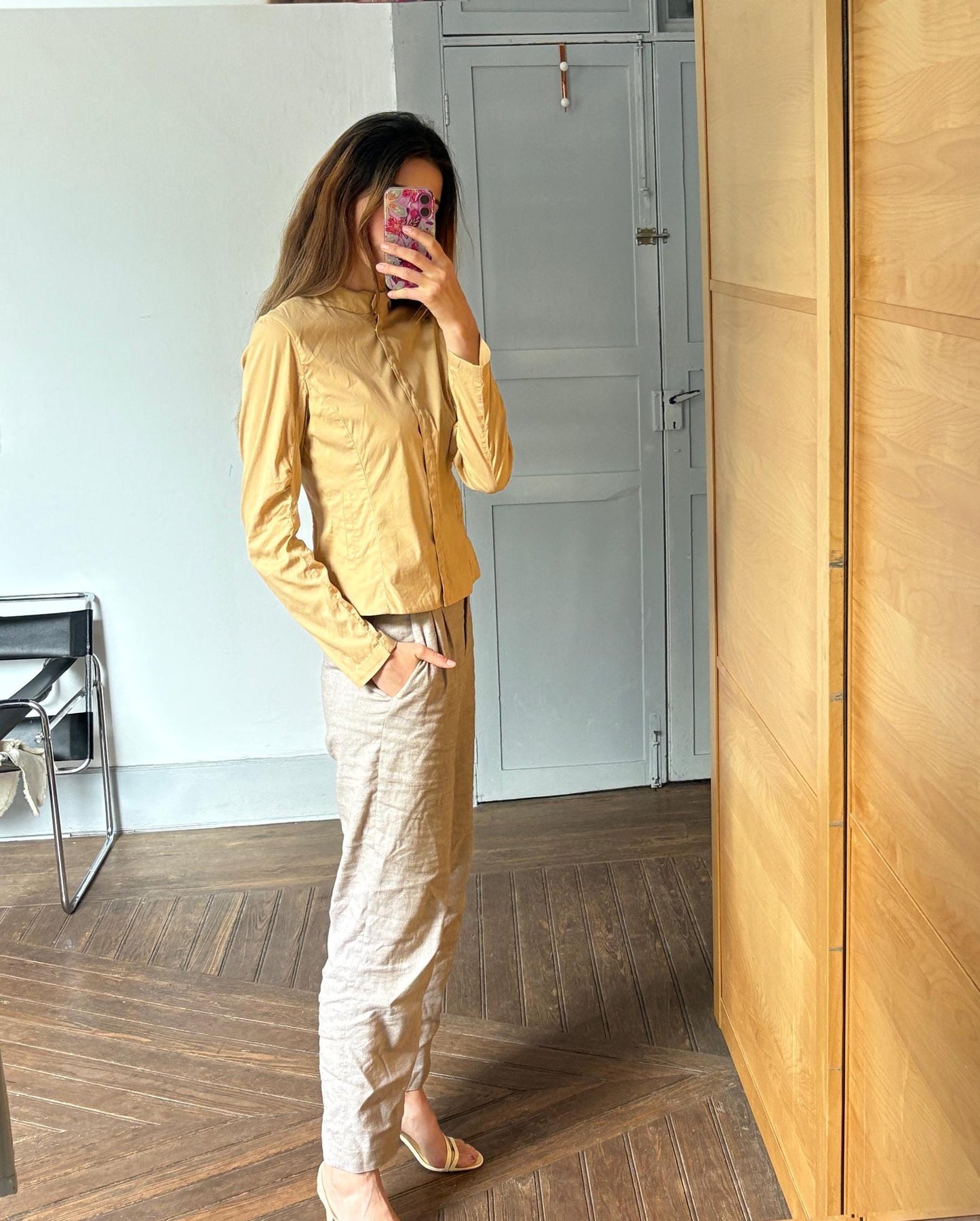 Vintage Strenesse blue beige modern fit woman shirt, minimalist button up shirt, mock neck long sleeve shirt, S