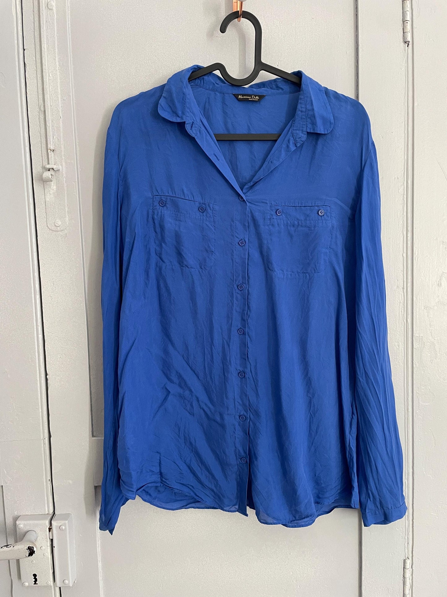 Vintage 100 % mulberry silk vibrant cobalt blue woman blouse, Massimo Dutti long sleeve feminine shirt, Size M