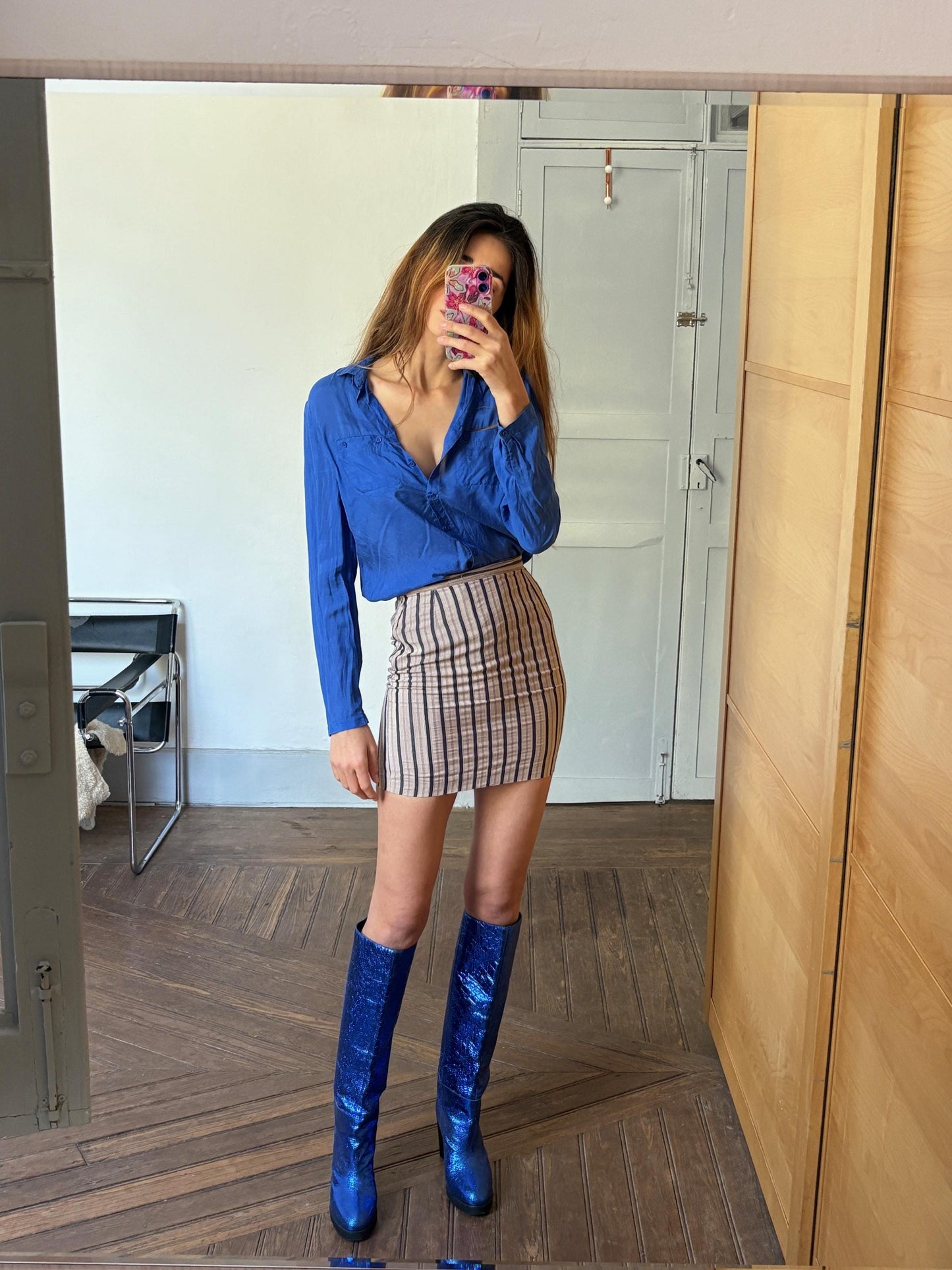 Vintage 100 % mulberry silk vibrant cobalt blue woman blouse, Massimo Dutti long sleeve feminine shirt, Size M