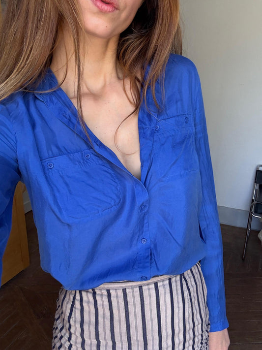 Vintage 100 % mulberry silk vibrant cobalt blue woman blouse, Massimo Dutti long sleeve feminine shirt, Size M