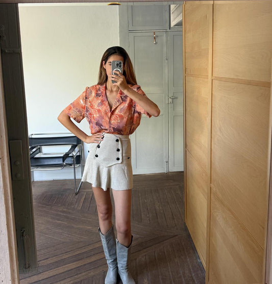 Floral peach 70s vintage blouse, Retro button up shirt, Floral blouse, Orange colourful patterned top, Cute short sleeve summer shirt,