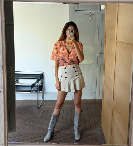 Floral peach 70s vintage blouse, Retro button up shirt, Floral blouse, Orange colourful patterned top, Cute short sleeve summer shirt,