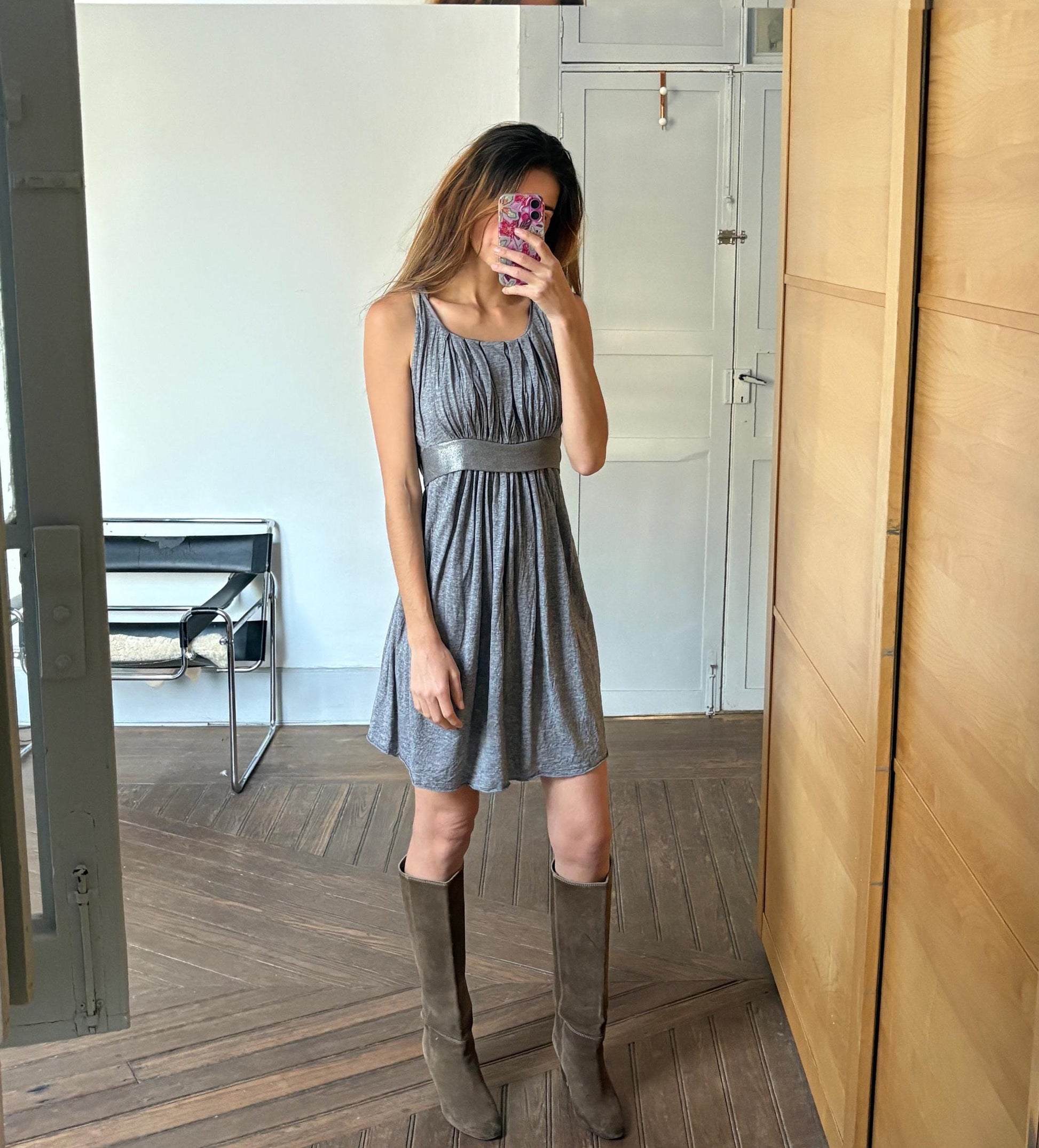 Vintage Maje Paris elegant grey midi dress, Silk and wool blend formal French designer dress, US 4–6