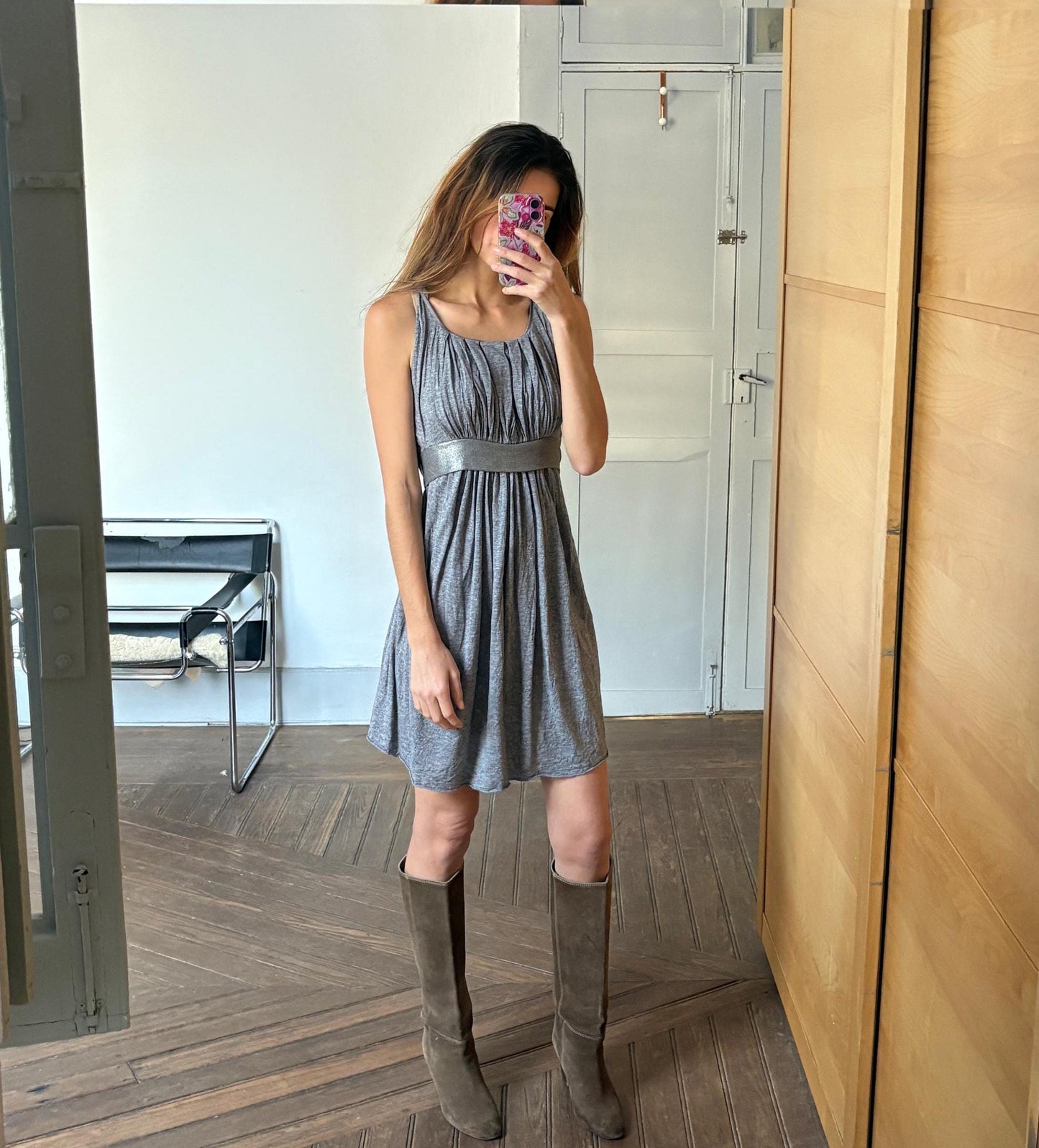 Vintage Maje Paris elegant grey midi dress, Silk and wool blend formal French designer dress, US 4–6